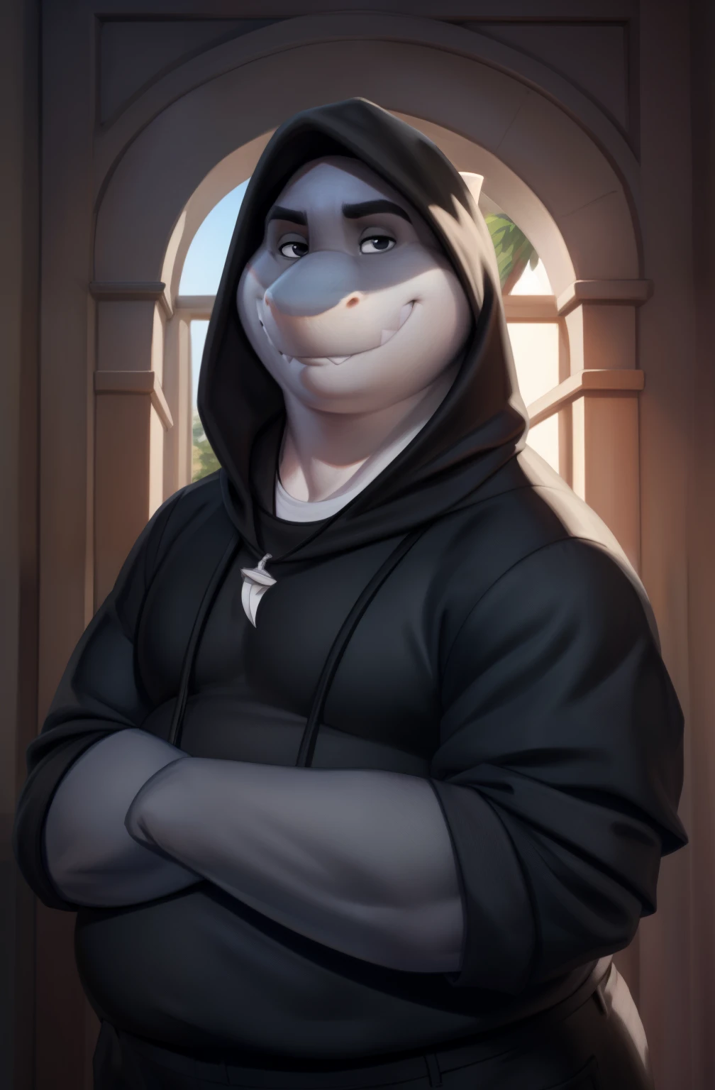 mr shark, plump, fat, belly, black eyes, (pose:1.3), (posing:1.3), (soft shading), 4k, hi res, five fingers, detailed hands, ((detailed face, (detailed eyes:1.0), detailed)), (full body), by zackarry911, by zaush, (by personalami:0.5), looking at viewer, shirt, 1boy, black hooded sweater, hood down showing face, black pants, dark blue shoes, male focus, pants, black shirt, gray sport pants, giant head, huge head, big head