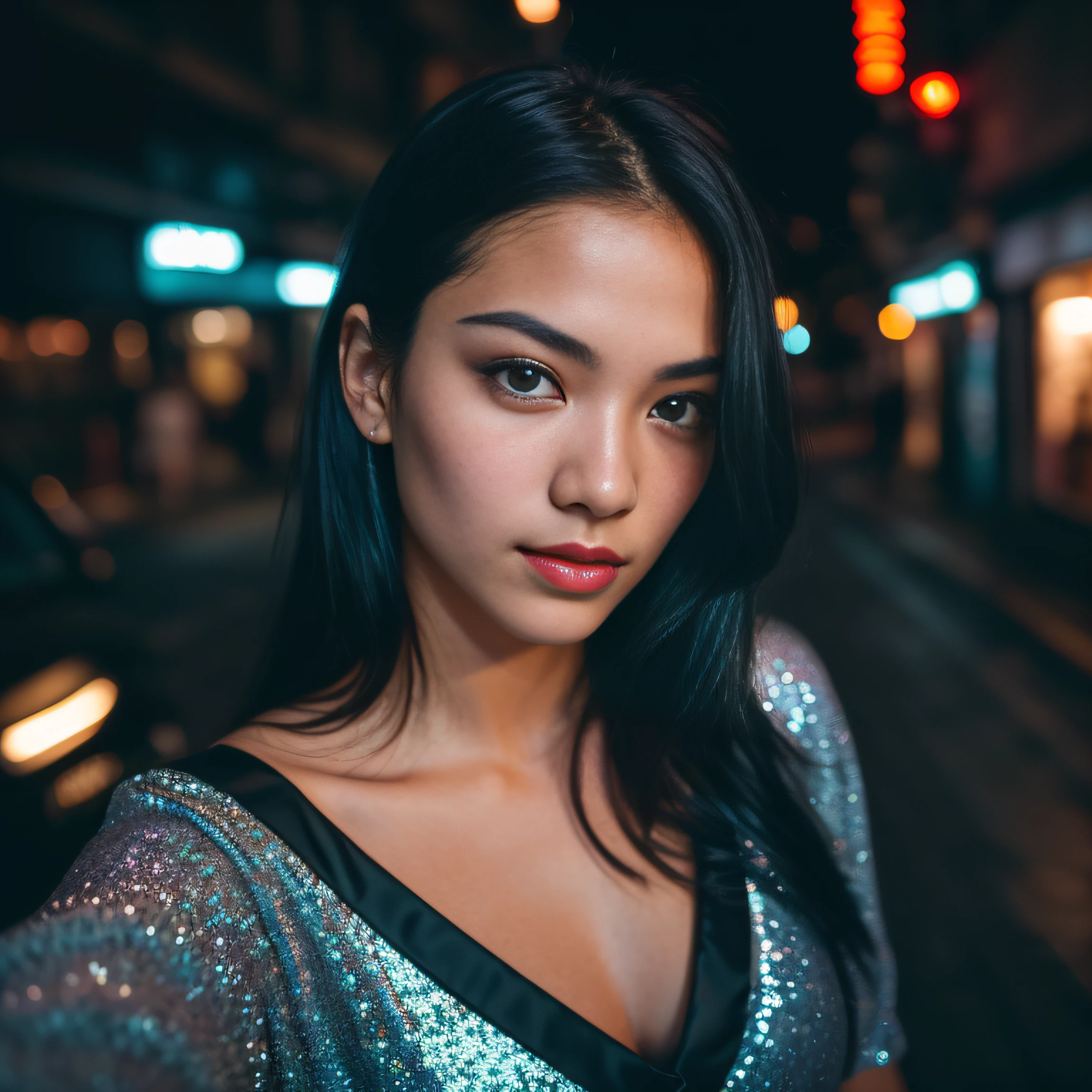 (selfie, top view: 1.4), (straight half of the body: 1.4), RAW UHD portrait photo of a 24-year-old black haired (blue-eyed woman) walking down a dark alley, large breasts,, city at night, (skirt), (neckline), details (textures! , hair! , glitter, color!! , disadvantages: 1.1), glossy eyes with high detail (looking at the camera), SLR lighting, SLR camera, ultra-quality, sharpness, depth of field, film grain (center), Fujifilm XT3, crystal clear, frame center, beautiful face, sharp focus, street lamp, neon lighting, bokeh (dimly lit), night, (night sky), detailed skin pores, oily skin, sunburn, complex eye details, full body, large breasts
