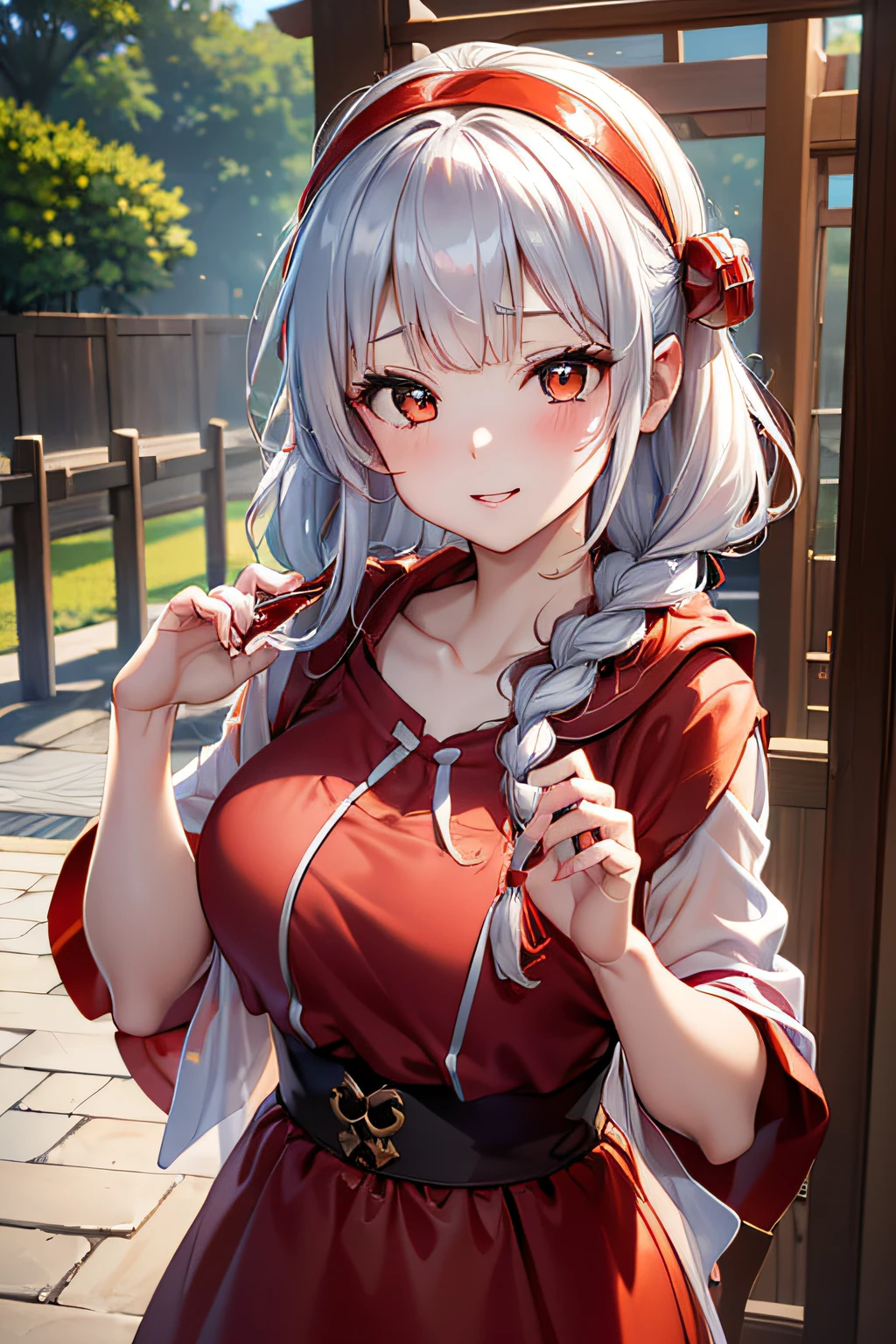 (ukiyoe painting:1.3),(3D Animation:1.3),(Grimm fairy tale world),(Little Red Riding Hood,Little Red Riding Hood,red riding hood:1.3),(farmhouse entrance:1.3),(red little red riding hood:1.3),(((Red Tunic:1.3))),apples and bread in the basket,Cute and beautiful girl,Cute round face,Cute smile,with blush cheeks,Red Lip,(silver white hair,Floral braided headband,half up、Floral Braided Space Van,Voluminous Fishtail Braids,Twisted chignon,),(Bangs are see-through bangs),hair pin,hair adornments,detailed clothes features,Detailed hair features,detailed facial features,(Dynamic angles),(Dynamic and sexy poses),clothes that emphasize big breasts,Cinematic Light,(masutepiece,top-quality,Ultra-high resolution output image,depth of fields,intricate detailes,Make the subject look three-dimensional with the contrast of light and shadow,) ,(The 8k quality,Anatomically accurate facial structure,),(Sea Art 2 Mode:1.3),(Image Mode Ultra HD,)