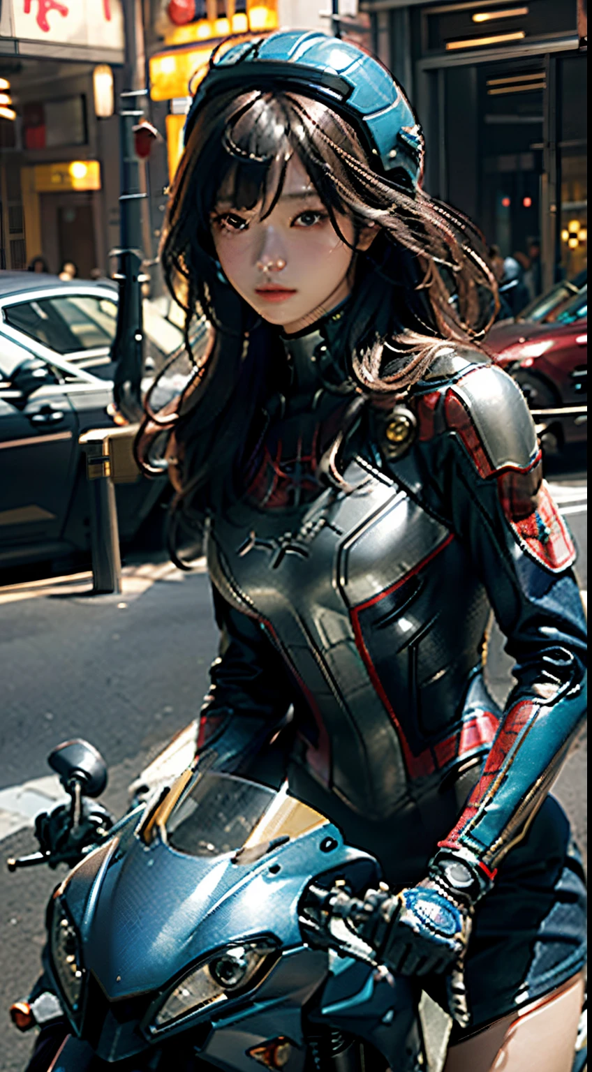 The highest image quality、Exceptional detail、超A high resolution、(真实感:1.4)、The best illustrations、Favor the details、Highly condensed 1girl、delicate and beautiful face、Dressed in blue and yellow mechs、Wearing a mecha helmet、Has a direction controller、Riding a motorcycle、The background is a high-tech lighting scene of a futuristic city。Cute Beautiful Girl、Wearing a Spider-Man suit。