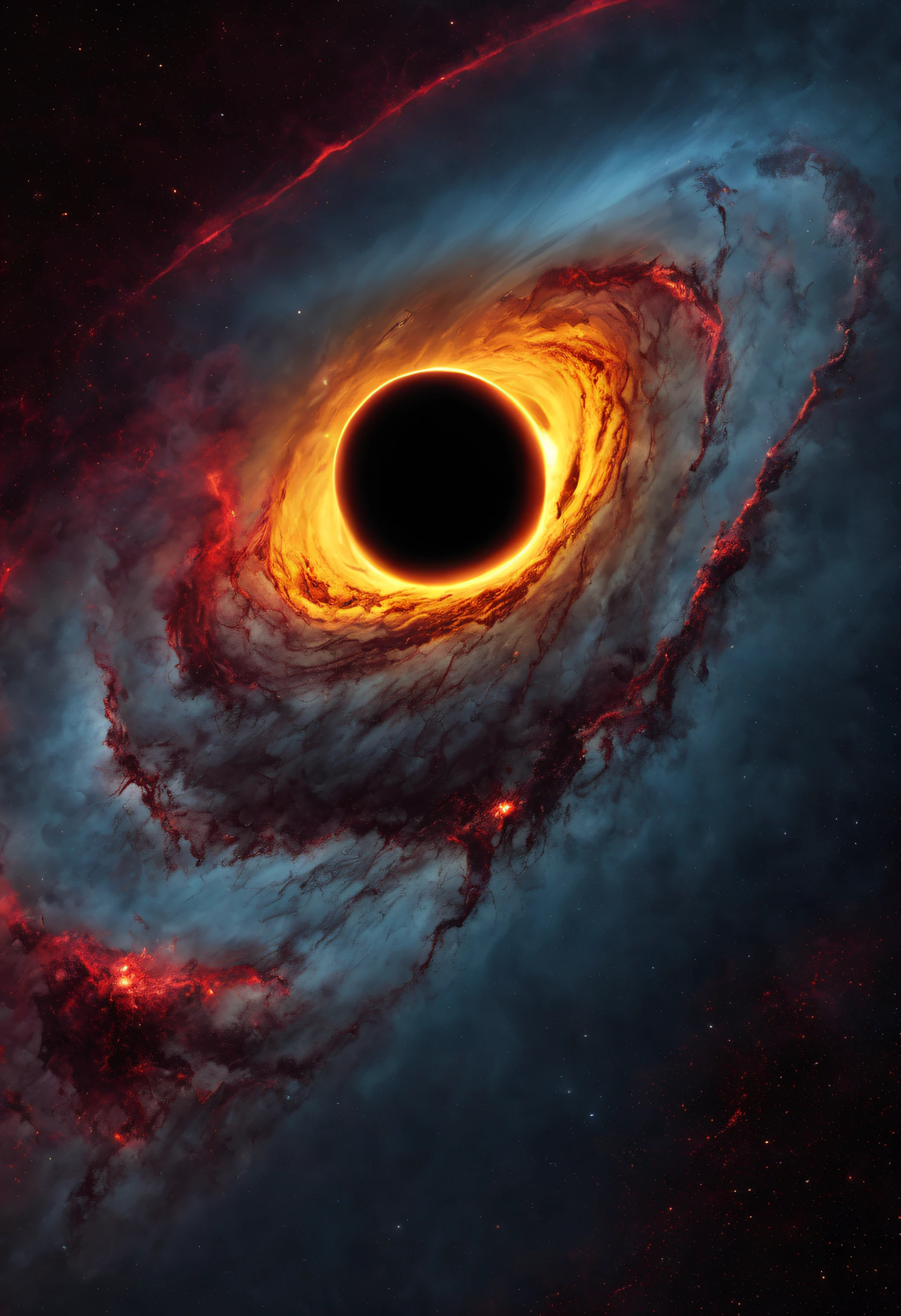 imagen del espacio exterior y al fondo se puede ver un agujero negro supermasivo, Maximum 4K quality, enorme agujero negro, amarillo, rojo, causa mucho miedo y terror, espacio.