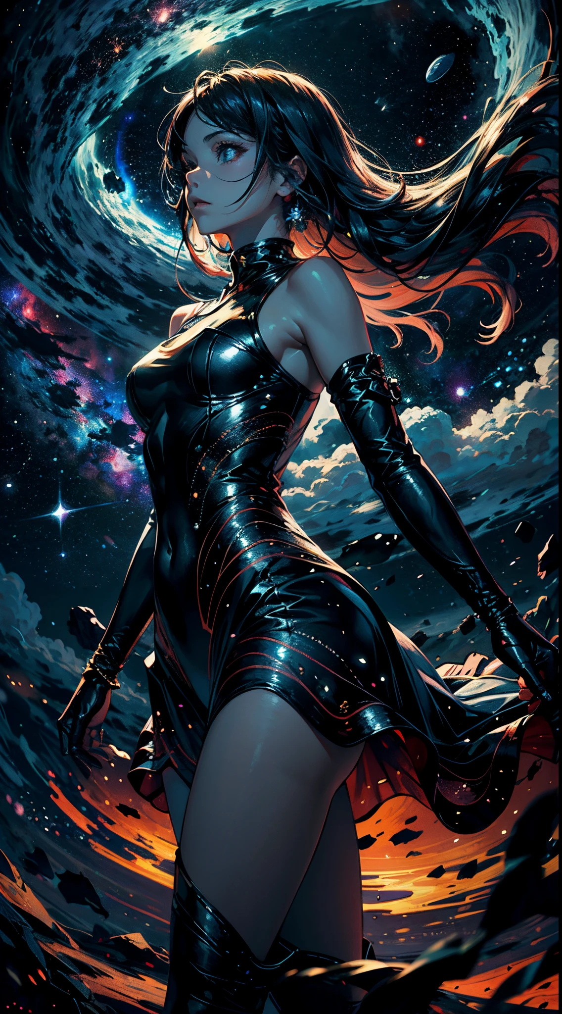 A beautiful princess, glass face, ultra detailed face, (full body: 1.3), surreal art, psychedelic art, flowers, holographic glow, concept art, green eyes and red hair, motion effects, psychedelic motion effects, golden hour colorful clouds, reflection in the hair, triadic colors. high quality, UHD.