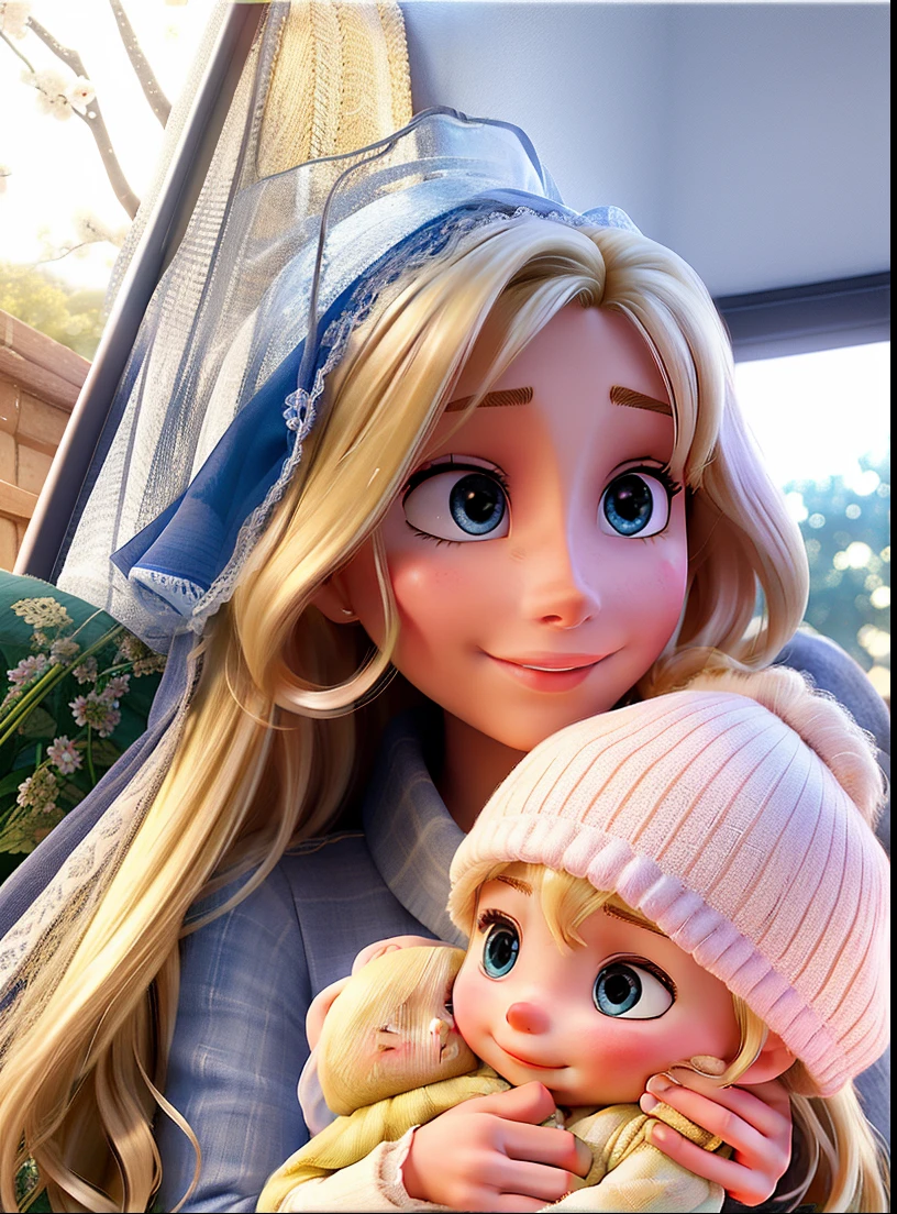 A delicately blonde mother holding her  daughter on her lap.
