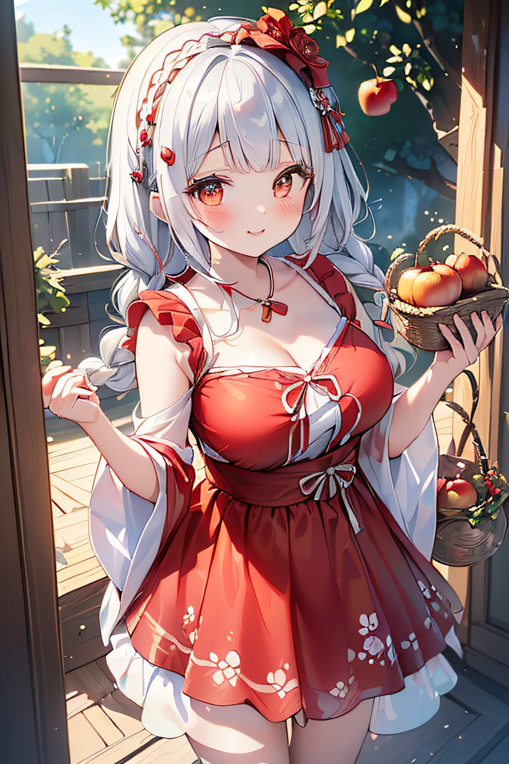 (ukiyoe painting:1.3),(3D Animation:1.3),(Fantasy style costumes),(Grimm fairy tale world),(Little Red Riding Hood,Little Red Riding Hood,red riding hood:1.3),(farmhouse entrance:1.3),(red little red riding hood:1.3),(((Red Tunic:1.3))),(((apples and bread in the basket),Cute and beautiful girl,Cute round face,Cute smile,with blush cheeks,Red Lip,(silver white hair,Floral braided headband,half up、Floral Braided Space Van,Voluminous Fishtail Braids,Twisted chignon,),(Bangs are see-through bangs),hair pin,hair adornments,detailed clothes features,Detailed hair features,detailed facial features,(Dynamic angles),(Dynamic and sexy poses),clothes that emphasize big breasts,Cinematic Light,(masutepiece,top-quality,Ultra-high resolution output image,depth of fields,intricate detailes,Make the subject look three-dimensional with the contrast of light and shadow,) ,(The 8k quality,Anatomically accurate facial structure,),(Sea Art 2 Mode:1.3),(Image Mode Ultra HD,)