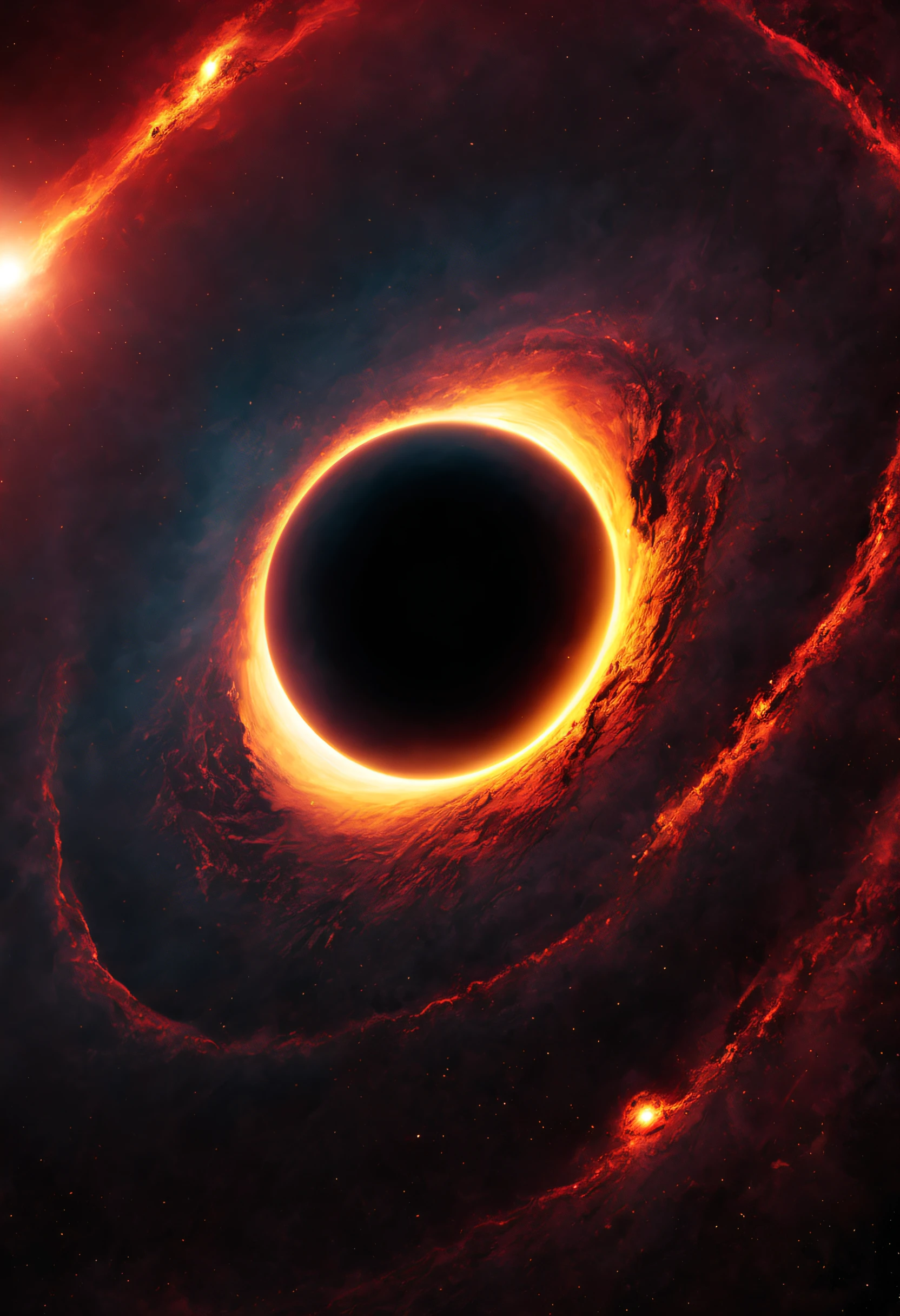 imagen del espacio exterior y al fondo se puede ver un agujero negro supermasivo, Maximum 4K quality, enorme agujero negro, amarillo, rojo, causa mucho miedo y terror, espacio.