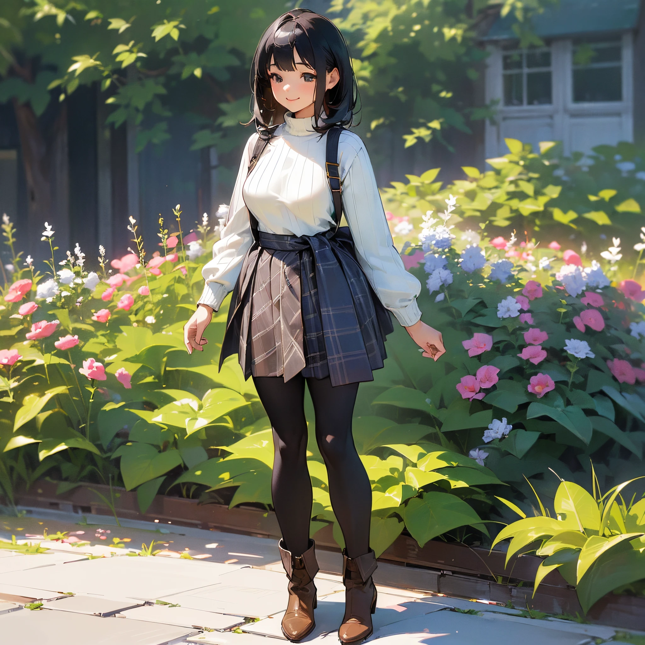 (High quality, High resolution, Ultra-detailed, Realistic:1.37), peaceful ambiance, (plein air, garden), Teenage girl standing alone, (My breasts are big.), Beautiful detailed features, Cute smile, (Black bob hair), Ribbed sweater, blue plaid skirt, Black tights, Brown boots.