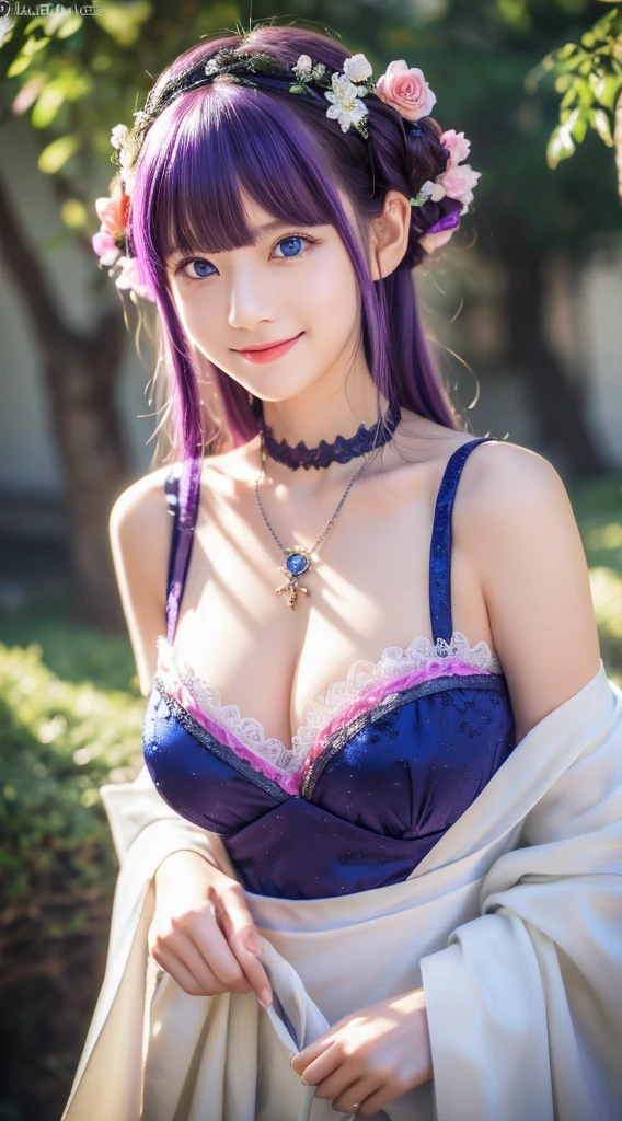 ((masutepiece)), ((Best Quality)), (Ultra-detailed), ((kawaii)), Cute, (lovely), ((Sexy)), (Ero), ((Extremely detailed)), 4K, (8K), Best Quality, (Beautiful), Illustration, Dynamic Angle, Upper body, sacred place, Pretty women, Solo, Witch, Beautiful purple hair, Beautiful blue eyes, ((Beautiful eyes)), Fox ears, Hair ornaments, earrings, Necklace, Smile, luminous effect, shiny
