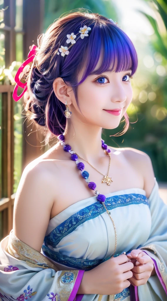 ((masutepiece)), ((Best Quality)), (Ultra-detailed), ((kawaii)), Cute, (lovely), ((Sexy)), (Ero), ((Extremely detailed)), 4K, (8K), Best Quality, (Beautiful), Illustration, Dynamic Angle, Upper body, sacred place, Pretty women, Solo, Witch, Beautiful purple hair, Beautiful blue eyes, ((Beautiful eyes)), Fox ears, Hair ornaments, earrings, Necklace, Smile, luminous effect, shiny