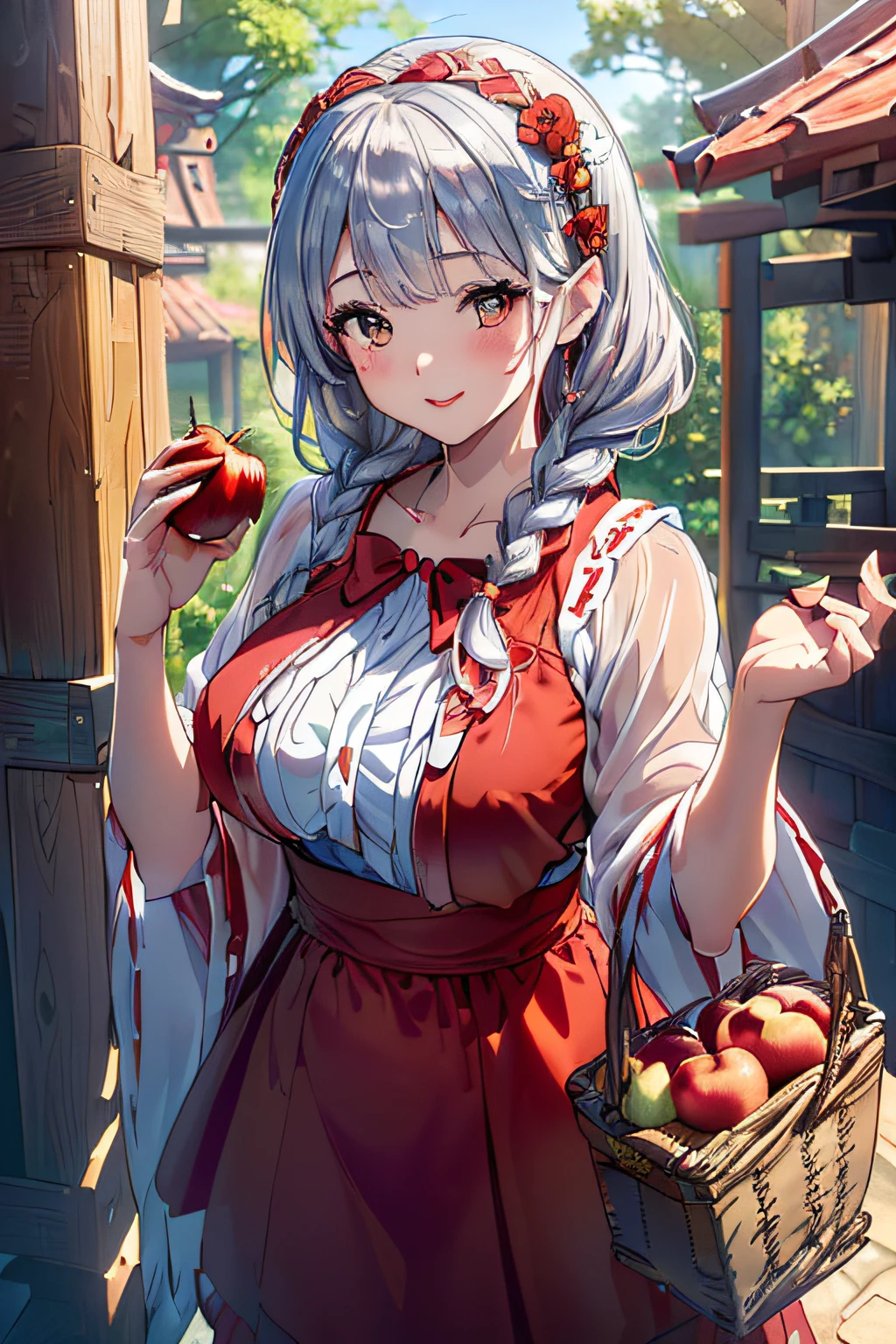(ukiyoe painting:1.3),(3D Animation:1.3),(Fantasy style costumes),(Grimm fairy tale world),(Little Red Riding Hood,Little Red Riding Hood,red riding hood:1.3),(farmhouse entrance:1.3),(red little red riding hood:1.3),(((Red Tunic:1.3))),(((apples and bread in the basket),Cute and beautiful girl,Cute round face,Cute smile,with blush cheeks,Red Lip,(silver white hair,Floral braided headband,half up、Floral Braided Space Van,Voluminous Fishtail Braids,Twisted chignon,),(Bangs are see-through bangs),hair pin,hair adornments,detailed clothes features,Detailed hair features,detailed facial features,(Dynamic angles),(Dynamic and sexy poses),clothes that emphasize big breasts,Cinematic Light,(masutepiece,top-quality,Ultra-high resolution output image,depth of fields,intricate detailes,Make the subject look three-dimensional with the contrast of light and shadow,) ,(The 8k quality,Anatomically accurate facial structure,),(Sea Art 2 Mode:1.3),(Image Mode Ultra HD,)
