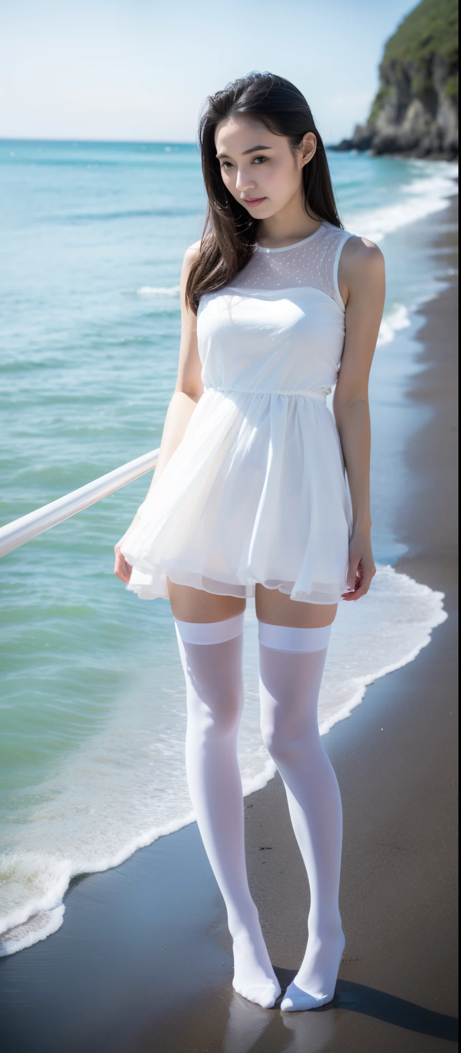 A pretty young woman photo, solo, 12 years old, masterpiece, best quality, depth of field, bokeh, ultra realistic, photorealistic, RAW photography, extremely high resolution, amazingly high detailed eyes and face, adorable, ray tracing, spreaded legs or standing towards camera , wears white tights and white skirt, no underwear, while seated, small, , cute, shy, wet, full body, sexy, , innocent,
