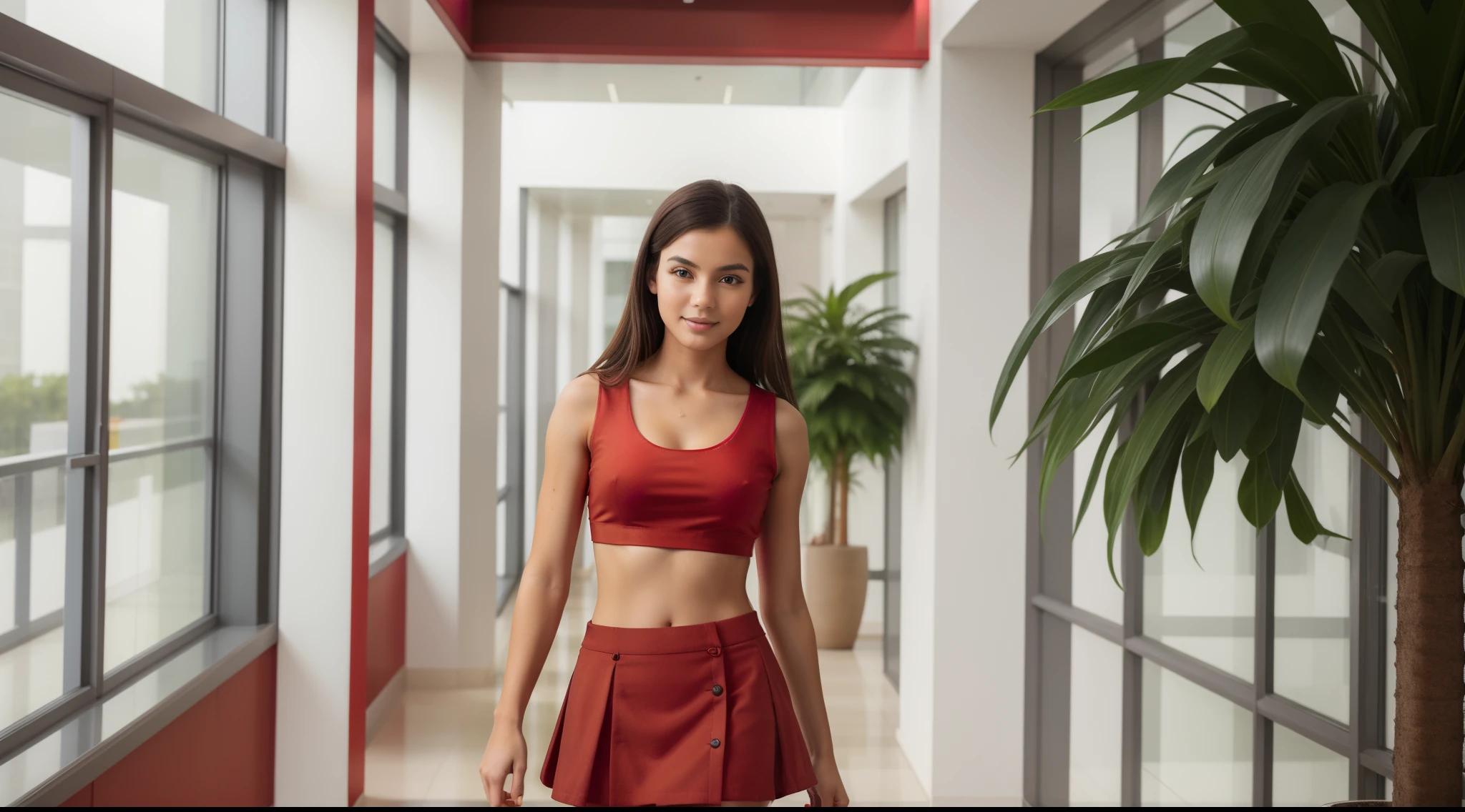 (((a girl alone:1.4))) in campus corridor.

((full-body, cinematic-shot)),(best quality,4k,8k,highres,masterpiece:1.2),ultra-detailed,(realistic,photorealistic,photo-realistic:1.37),(((1girl))),(((solo))),(18-year-old),[Clotilde Fatimah Carmelita],(sharp focus:1.5),pearl skin,(skin pores:1.1),extremely detailed face and skin texture,(skin texture:1.1),black hair,tall and slender body,(192cm tall),thin and delicate figure,graceful posture,flawless skin,defined abs,perfect curves,feminine appearance,beautiful long legs,embodying elegance and beauty,(cleavage breasts,large breasts:1.2),((wearing a (red:1.4) low-neck crop-top and (red:1.4) ultra-short miniskirt:1.4)),(beautiful and aesthetic:1.2),vibrant colors,extremely detailed and realistic (red) clothes,(film grain:1.3).

[a modern campus corridor,modern architecture,spacious and filled with natural light,tall glass windows,concrete walls and floors,sleek and minimalistic design,large open space with high ceilings,modern lighting fixtures,hanging plants and greenery,students walking and chatting,carrying backpacks and books,floor-to-ceiling whiteboards with colorful markers,colorful posters and artwork on the walls,modern furniture and seating areas,comfortable lounge chairs and sofas,large digital screens displaying campus news and events,artificial intelligence-powered information kiosks,modern art installations and sculptures,ambient background music creating a lively atmosphere,vibrant and energetic vibe,wide and well-maintained pathways,plenty of natural ventilation and air conditioning,accessible for people with disabilities,secure and safe environment,stunning views of the campus grounds and surrounding landscape,green and sustainable features such as solar panels and rainwater harvesting systems,lively and dynamic atmosphere,high-tech security systems to ensure safety and security on campus.]

Angelic ethereal beauty,studio photography,professional photography.