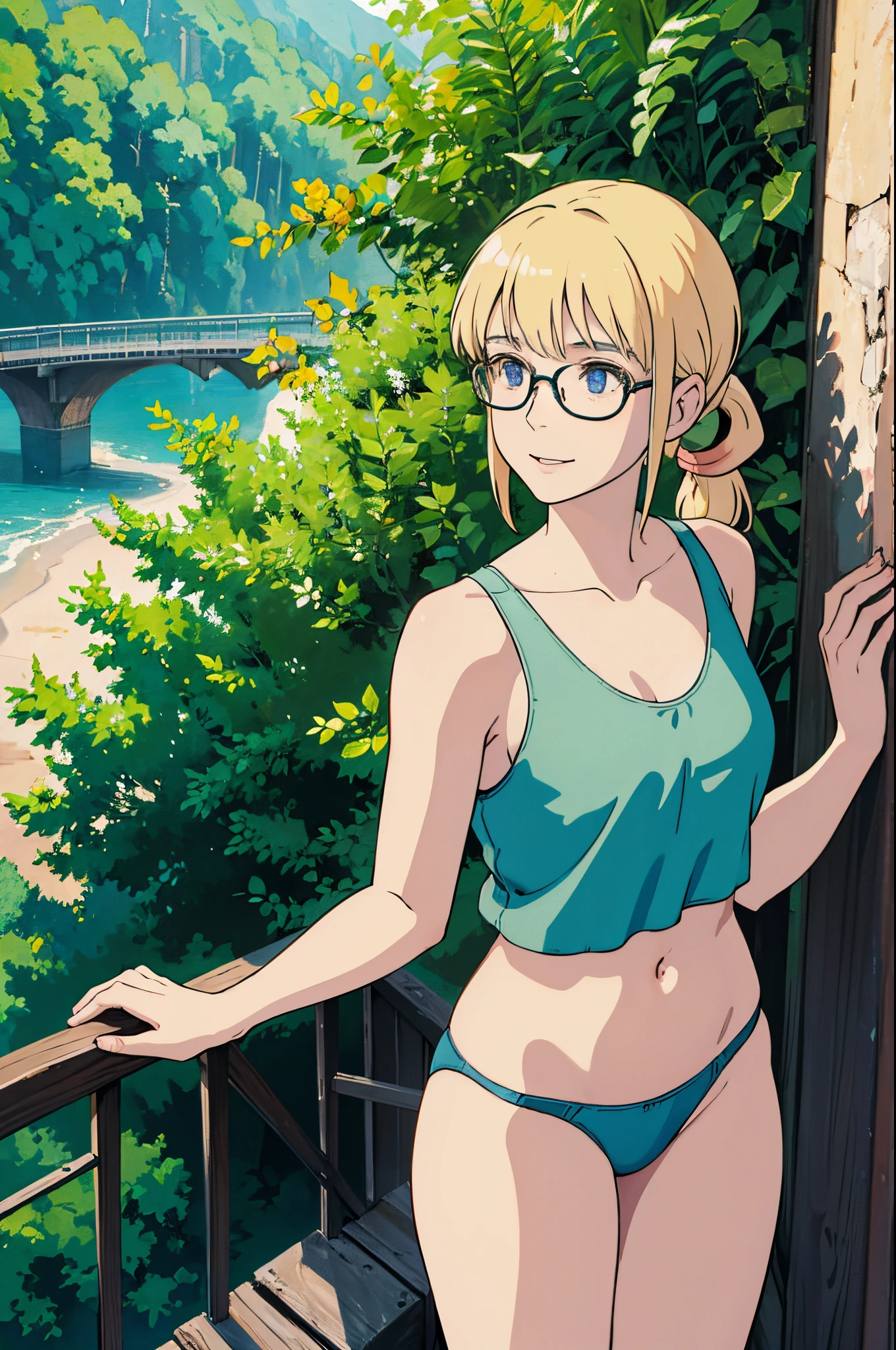 blonde woman with straight hair and bangs, wearing glasses, 1girl, solo, hair in a ponytail, 21 years old, no makeup, soft face, sweet smile, view from the side, small mouth closed, medium boobs, blue eyes, realistic photo, in street, high pov, looking down, green bra, cleavage, midriff, g string panties, thong panties,