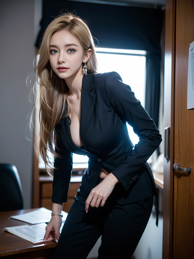 tmasterpiece，Highest image quality，super detailing，Enchanted smile，amazing face and eyes, cosmetics, (extremely detailed beautiful face), (The sexiest look), deep understanding，Naked of breast，(Best quality:1.4), (ultra - detailed), (extremely detaild的 CG unified 8k wallpapers), The content is very detailed, RAW photos, professional photoshooting, ((sexy business suit)),Indoor and below, (Office room, Dark Office, rays of moonlight), (nigh sky), depth of fields,face flushed，raised eyebrow，Very shy，blond hair blue eyes，Sexy female secretary，looking at viewert，Dreamcatcher earrings，epic，concept-art，Upturned breasts，nice breasts，Beautiful udder，