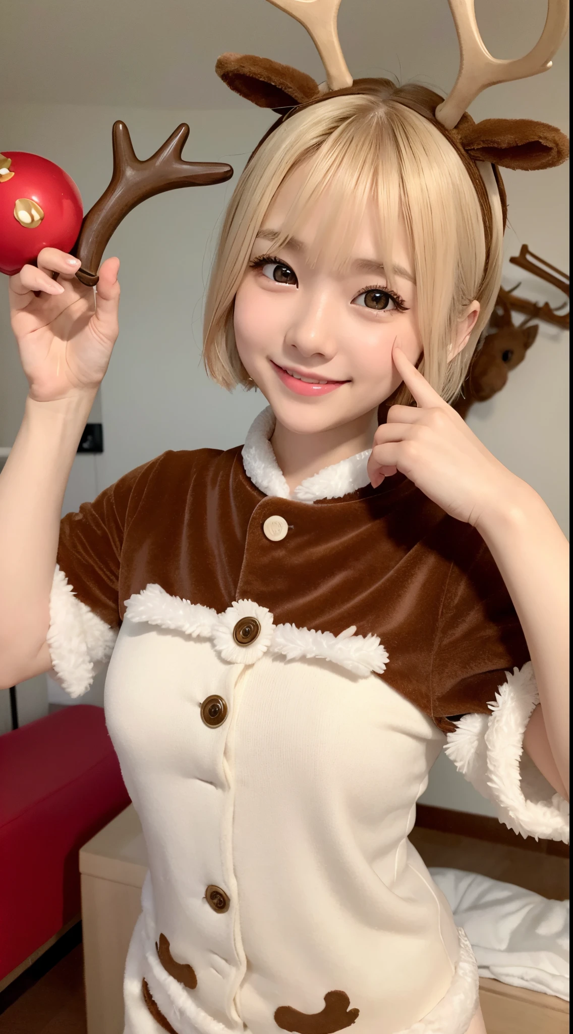 she is a cute asian、I'm wearing a reindeer costume、Big eyes、Brown eyes、Blonde short cut hair、Cute smile、