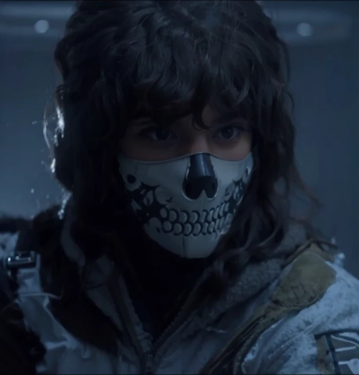 Long curly brown hair fur on the jacket and make the mask fully white