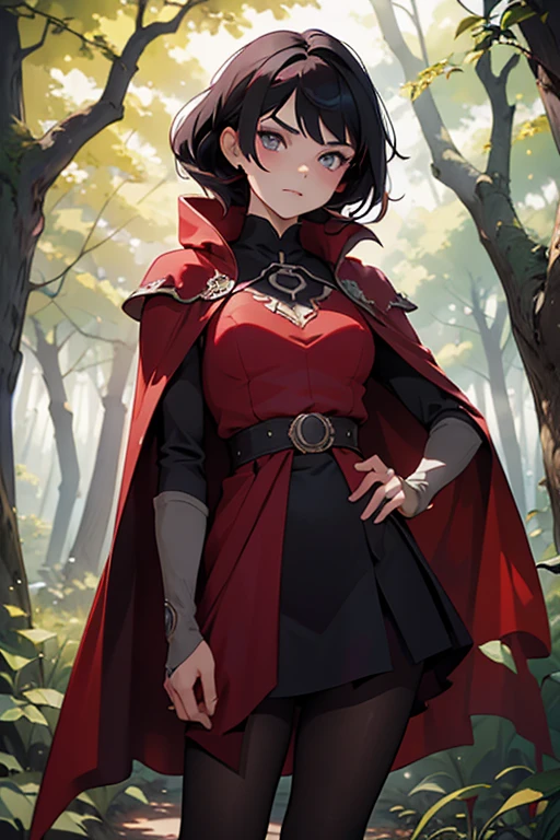 (masterpiece), (best quality), HDR, intricate detail, (ruby rose, red cape, pantyhose, gradient hair, black hair, grey eyes), (Haute_Couture), looking at viewer, standing in forest