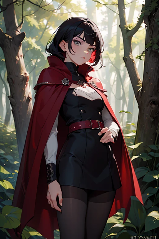 (masterpiece), (best quality), HDR, intricate detail, (ruby rose, red cape, pantyhose, gradient hair, black hair, grey eyes), (Haute_Couture), looking at viewer, standing in forest