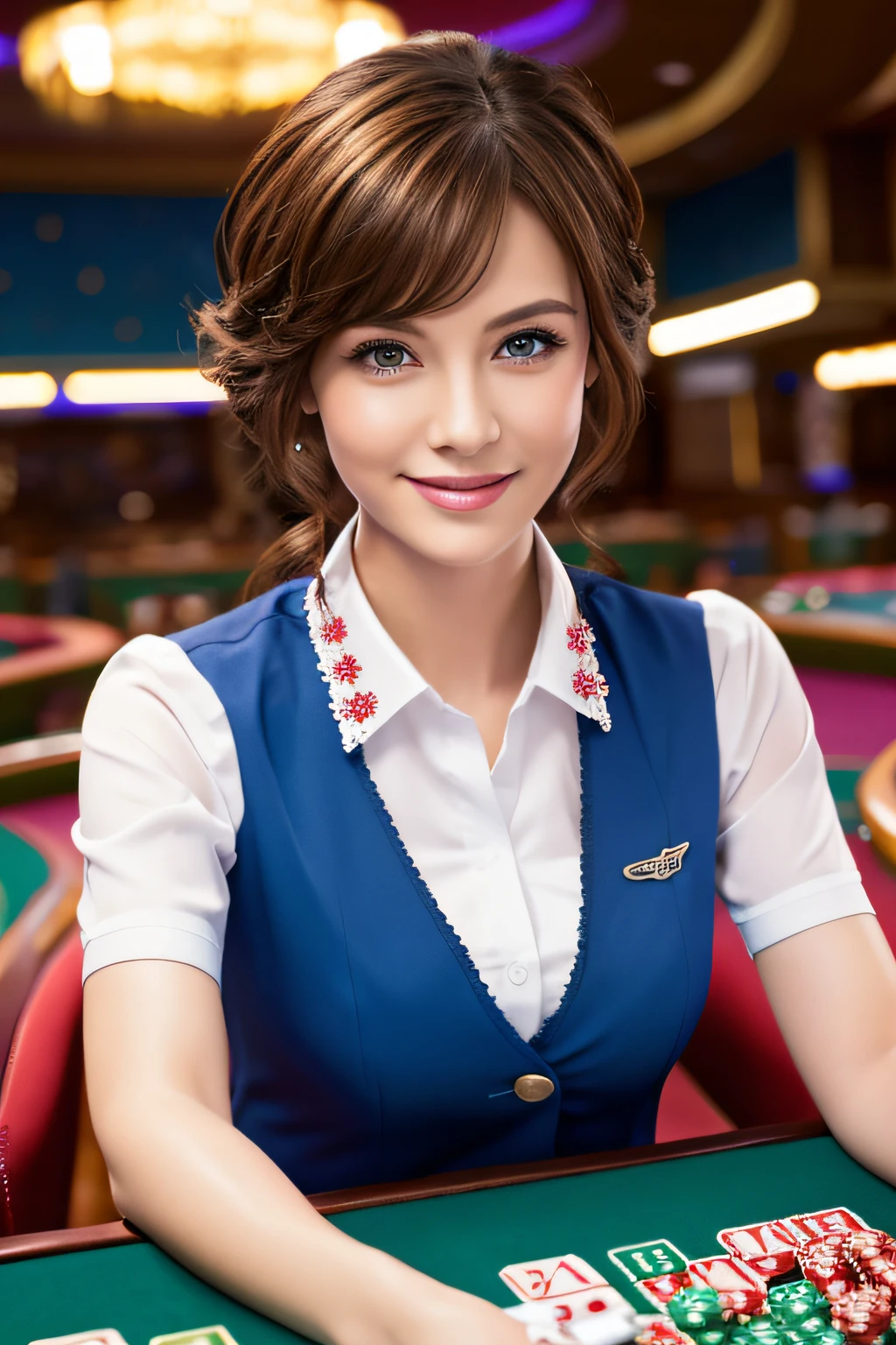 (1920*Generated at 1080p)(Delicate beautiful CG artwork),(Best Quality, Ultra-detailed, High resolution),(Dynamic Angle, Dynamic lighting),(1 character),(Brown hair), Blue eyes, Beautiful face),1人の女性, Smile, Wearing a casino dealer uniform, 3 d,have a chip,on the poker table,casino beginner