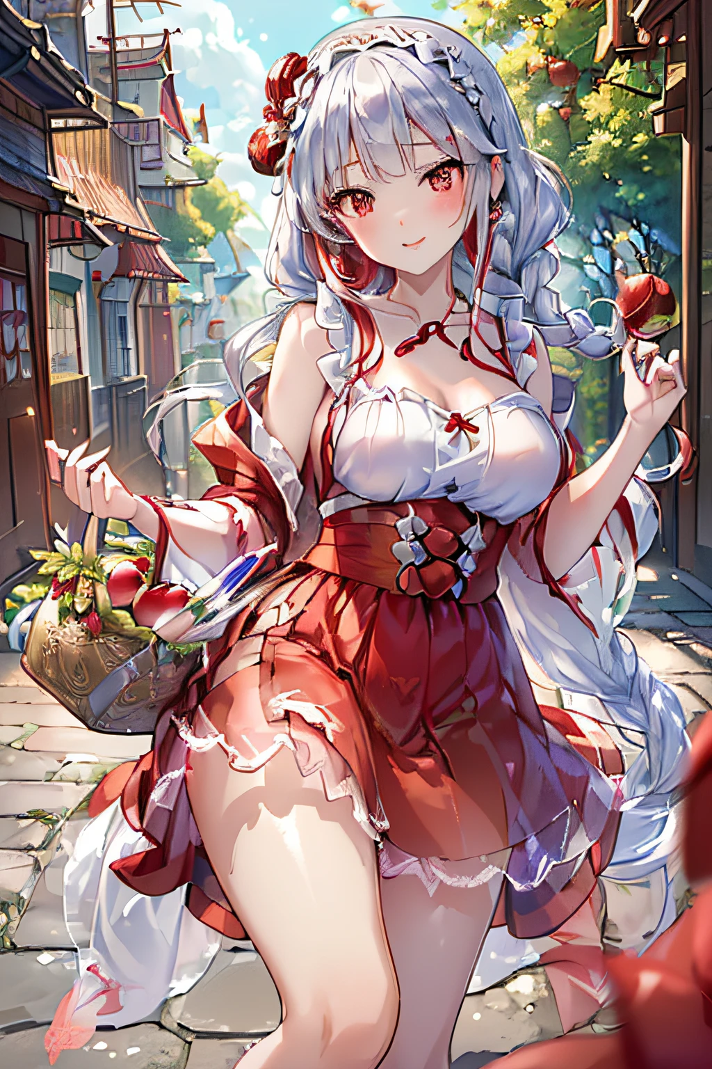 blush、silver hair、red eyes、beautiful girl alone、and soul、solo、bikini with ruffles、gravure、rose garden,topless,nipple,nsfw