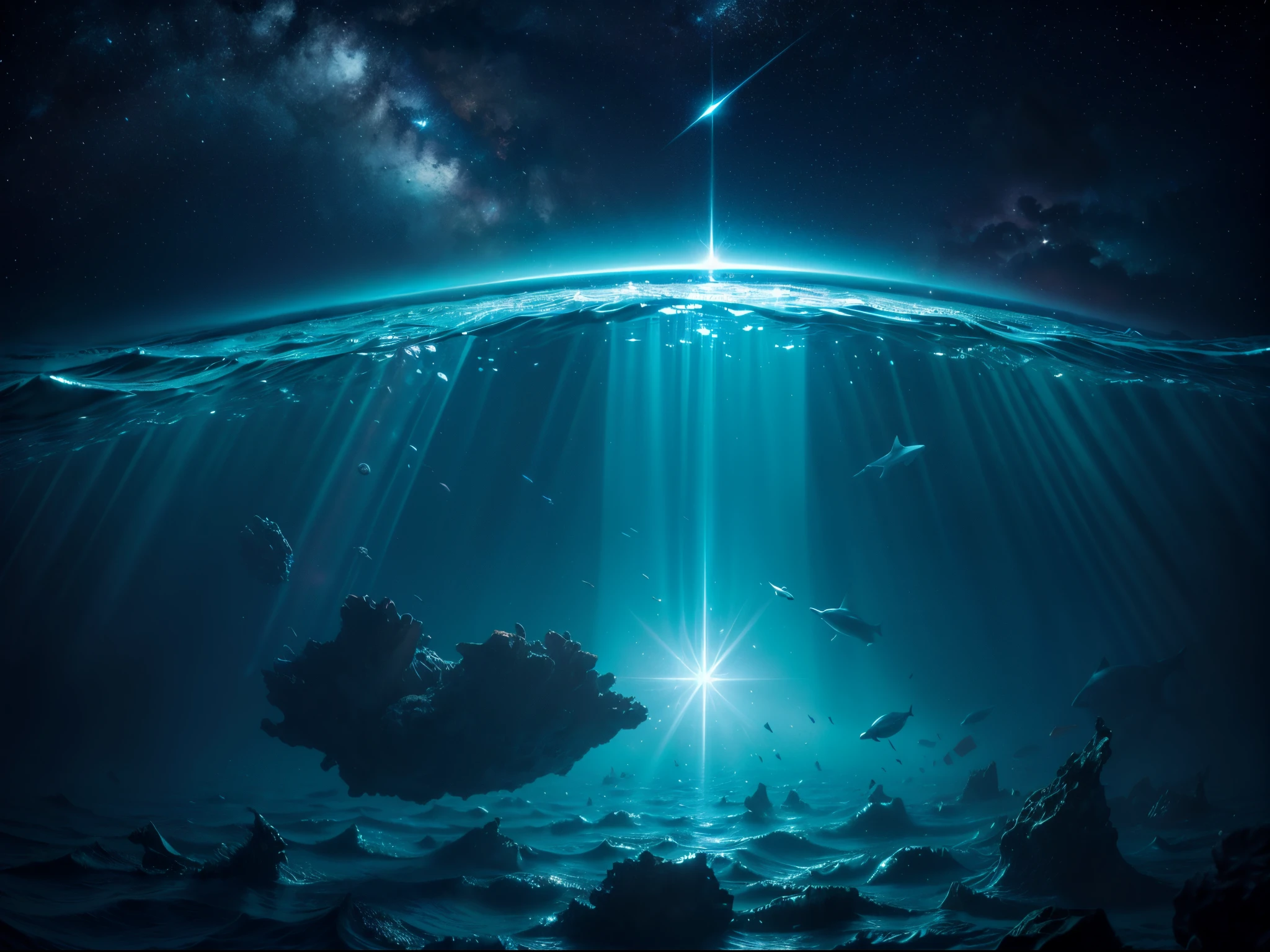 Merge the depths of the ocean with the vastness of space. Create an underwater scene where marine life interacts with cosmic phenomena such as nebulas and distant galaxies. Emphasize the play of light and color in this surreal aquatic cosmos.