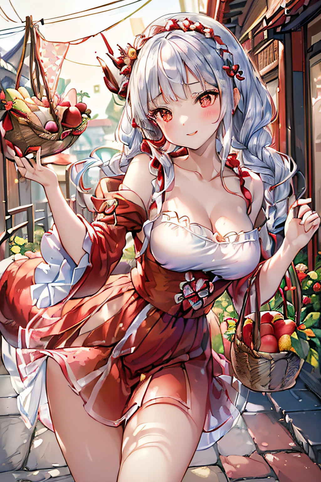 (ukiyoe painting:1.3),(3D Animation:1.3),(Fantasy style costumes),(Grimm fairy tale world),(Little Red Riding Hood,Little Red Riding Hood,red riding hood:1.3),(farmhouse entrance:1.3),(red little red riding hood:1.3),(((Red Tunic:1.3))),(((apples and bread in the basket),Cute and beautiful girl,Cute round face,Cute smile,with blush cheeks,Red Lip,(silver white hair,Floral braided headband,half up、Floral Braided Space Van,Voluminous Fishtail Braids,Twisted chignon,),(Bangs are see-through bangs),hair pin,hair adornments,detailed clothes features,Detailed hair features,detailed facial features,(Dynamic angles),(Dynamic and sexy poses),clothes that emphasize big breasts,Cinematic Light,(masutepiece,top-quality,Ultra-high resolution output image,depth of fields,intricate detailes,Make the subject look three-dimensional with the contrast of light and shadow,) ,(The 8k quality,Anatomically accurate facial structure,),(Sea Art 2 Mode:1.3),(Image Mode Ultra HD,)