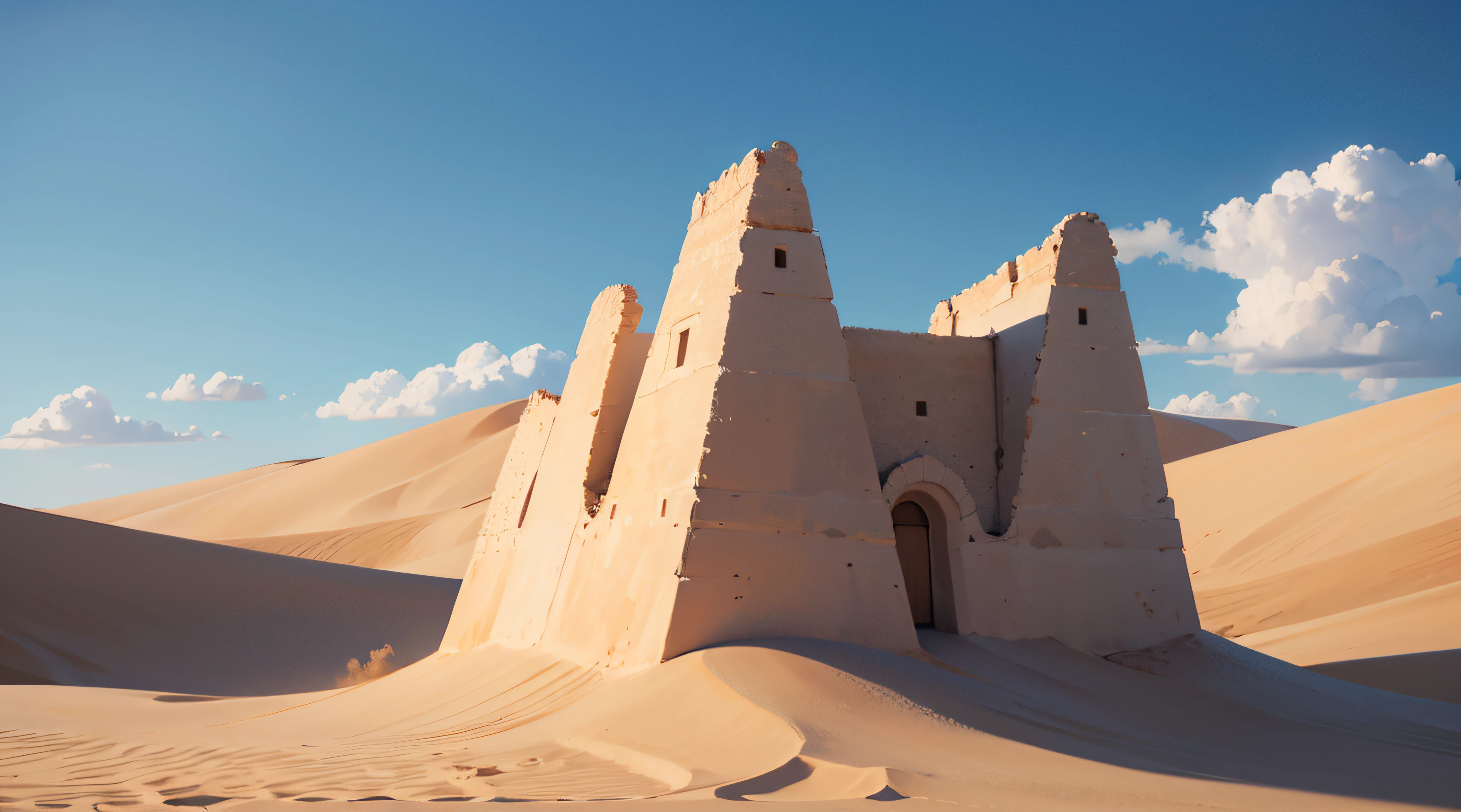 (illustrations : 1.0), photorealistic lighting, HD detail, 夏天, desert, sand, daytime, clouds