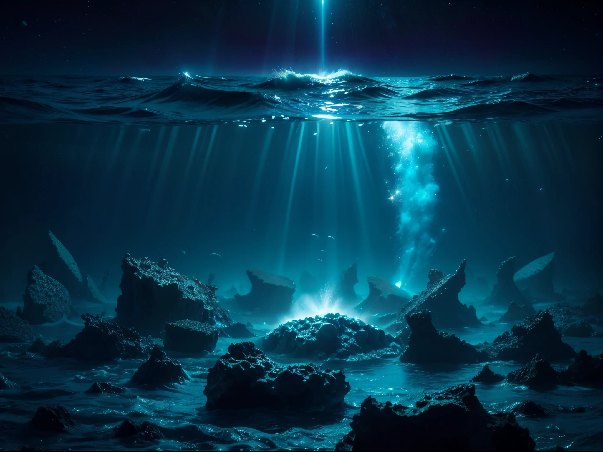 Merge the depths of the ocean with the vastness of space. Create an underwater scene where marine life interacts with cosmic phenomena such as nebulas and distant galaxies. Emphasize the play of light and color in this surreal aquatic cosmos.