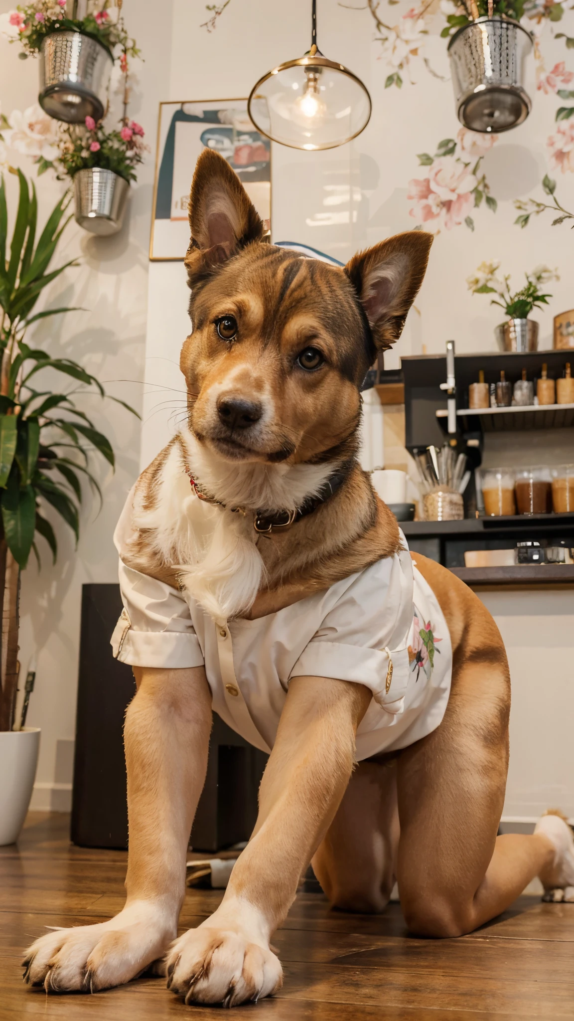 (best quality,highres),beautiful cafe worker lady,all fours,[dog ears,dog tail,dog snout,dog face,dog teeth,dog skin,dog paws,dog eyes,dog fur],fashionable outfit,engaging smile,lovely personality,dreamy atmosphere,floral background,soft natural lighting,vibrant colors,expressive eyes,butterfly tattoo,bun hairstyle,fetching coffee,artistic vibe,cozy ambiance,sophisticated interior,exquisite coffee cup,delicious aroma,creative latte art,charming canine features,playful expression,adorable wagging tail,pet-friendly environment,lively and energetic,stylish accessories,attention to detail,bright and inviting,positive energy,furry friend,customer satisfaction,passionate about coffee
