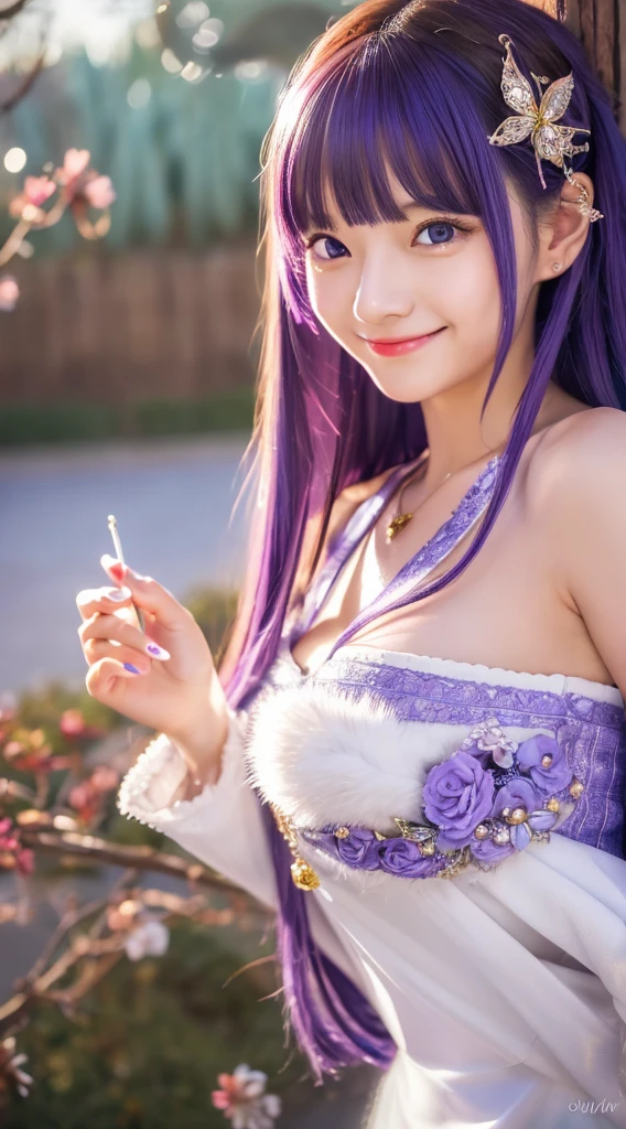 ((masutepiece)), ((Best Quality)), (Ultra-detailed), ((kawaii)), Cute, (lovely), ((Sexy)), (Ero), ((Extremely detailed)), 4K, (8K), Best Quality, (Beautiful), Illustration, Dynamic Angle, Upper body, sacred place, Pretty women, Solo, Witch, Beautiful purple hair, Beautiful blue eyes, ((Beautiful eyes)), Fox ears, Hair ornaments, earrings, Necklace, Smile, luminous effect, shiny,Female, 25 years old
