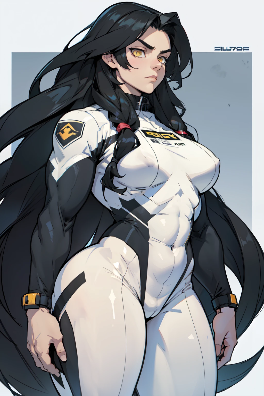 1 girl muscular pale skin muscular muscular muscular black hair yellow eyes muscular muscular long hair long hair long hair long hair long hair long hair long hair long hair long hair long hair long hair long hair muscular muscular long long long long long long long long long bodysuit pilot suit thick thick thick thick thick thick thick thick thick thick thick thick thick thick frown small breasts