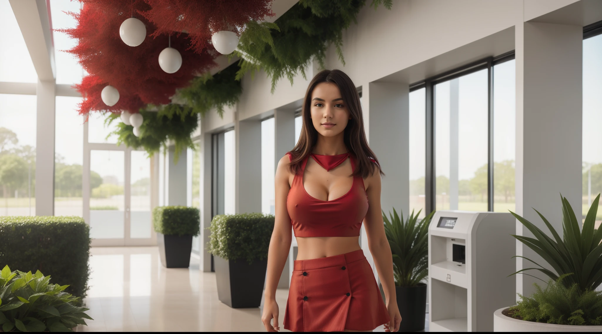 (((a girl alone:1.4))) in campus corridor.

((full-body, cinematic-shot)),(best quality,4k,8k,highres,masterpiece:1.2),ultra-detailed,(realistic,photorealistic,photo-realistic:1.37),(((1girl))),(((solo))),(18-year-old),[Clotilde Fatimah Carmelita],(sharp focus:1.5),pearl skin,(skin pores:1.1),extremely detailed face and skin texture,(skin texture:1.1),black hair,tall and slender body,(192cm tall),thin and delicate figure,graceful posture,flawless skin,defined abs,perfect curves,feminine appearance,beautiful long legs,embodying elegance and beauty,(cleavage breasts,large breasts:1.6),((wearing a (red:1.4) low-neck crop-top and (red:1.4) ultra-short miniskirt:1.4)),(beautiful and aesthetic:1.2),vibrant colors,extremely detailed and realistic (red) clothes,(film grain:1.3).

[a modern campus corridor,modern architecture,spacious and filled with natural light,tall glass windows,concrete walls and floors,sleek and minimalistic design,large open space with high ceilings,modern lighting fixtures,hanging plants and greenery,carrying backpacks and books,floor-to-ceiling whiteboards with colorful markers,colorful posters and artwork on the walls,modern furniture and seating areas,comfortable lounge chairs and sofas,large digital screens displaying campus news and events,artificial intelligence-powered information kiosks,modern art installations and sculptures,ambient background music creating a lively atmosphere,vibrant and energetic vibe,wide and well-maintained pathways,plenty of natural ventilation and air conditioning,accessible for people with disabilities,secure and safe environment,stunning views of the campus grounds and surrounding landscape,green and sustainable features such as solar panels and rainwater harvesting systems,lively and dynamic atmosphere,high-tech security systems to ensure safety and security on campus.]

Angelic ethereal beauty,studio photography,professional photography.