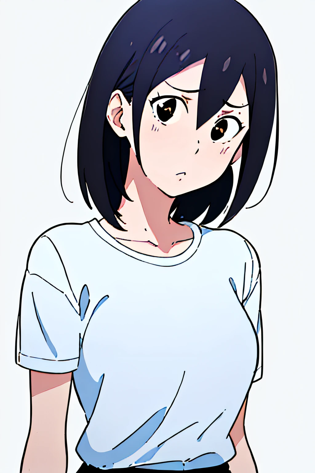 masterpiece,8K,highest quality,Super detailed,ultra high resolution, Cartoon girl, anime female characters, anime style, (pink lipstick:1.2), (look at the audience), (((smile))), (((open your mouth:0.8))), (black eye),(Light black hair), (Light grey T-shirt), (light black jeans), (blush:1.3), (((big breasts))), (((amount)))