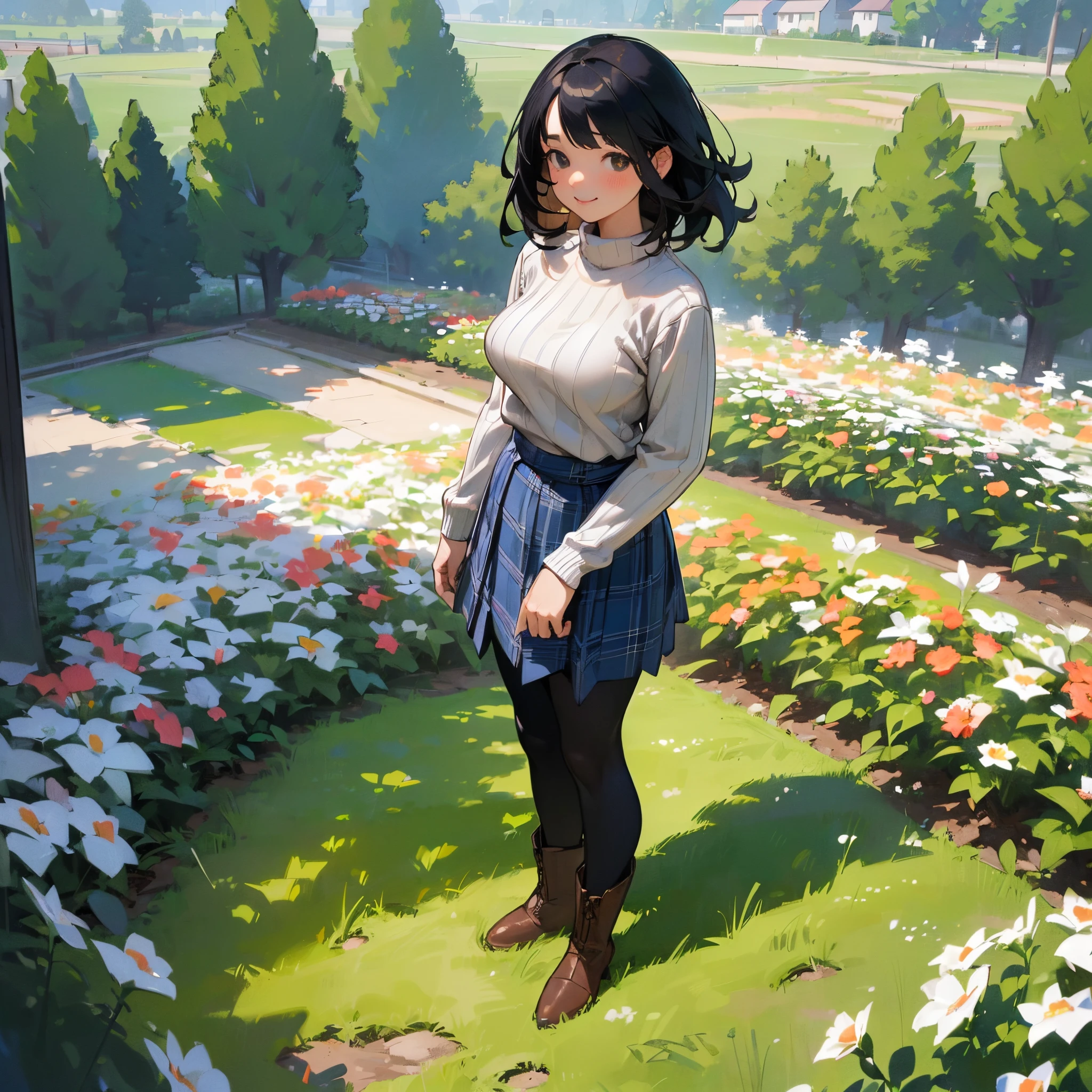 (High quality, High resolution, Ultra-detailed, Realistic:1.37), peaceful ambiance, (plein air, garden), Teenage girl standing alone, (My breasts are big.), Beautiful detailed features, Cute smile, (Black bob hair), Ribbed sweater, blue plaid skirt, Black tights, Brown boots.