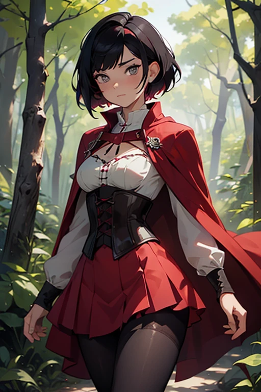 (masterpiece), (best quality), HDR, intricate detail, (ruby rose, red cape, corset pantyhose, short gradient hair, black hair, grey eyes), looking at viewer, walking through forest