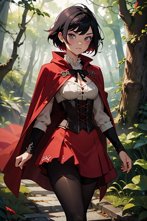 (masterpiece), (best quality), HDR, intricate detail, (ruby rose, red cape, corset pantyhose, short gradient hair, black hair, grey eyes), looking at viewer, walking through forest