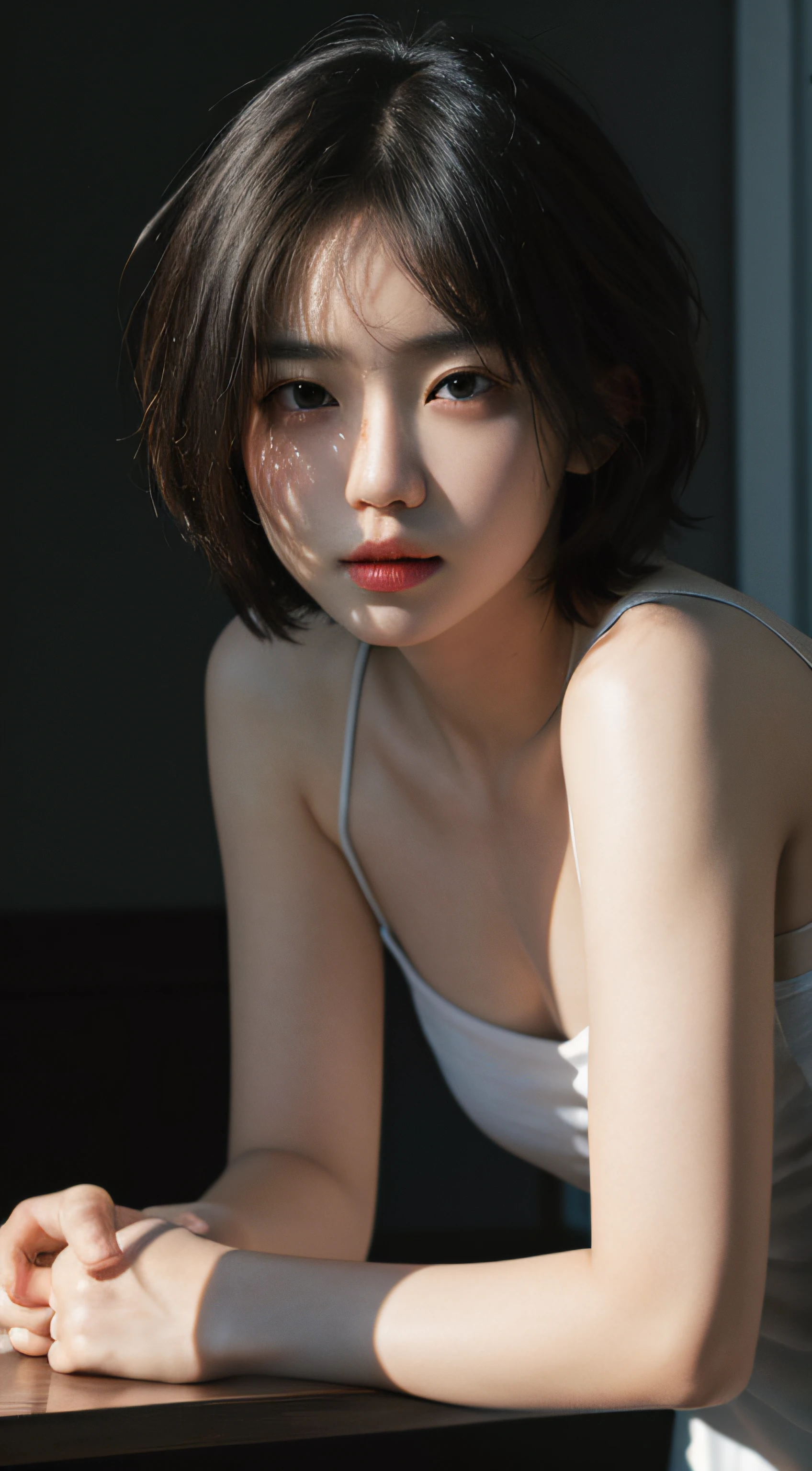 top-quality、​masterpiece、超A high resolution、(Photorealsitic:1.5)、Raw foto、1girl in、murky、deep-shadows、Unobtrusive、cold light、sexy appearance、shorth hair、((very_short_hair))