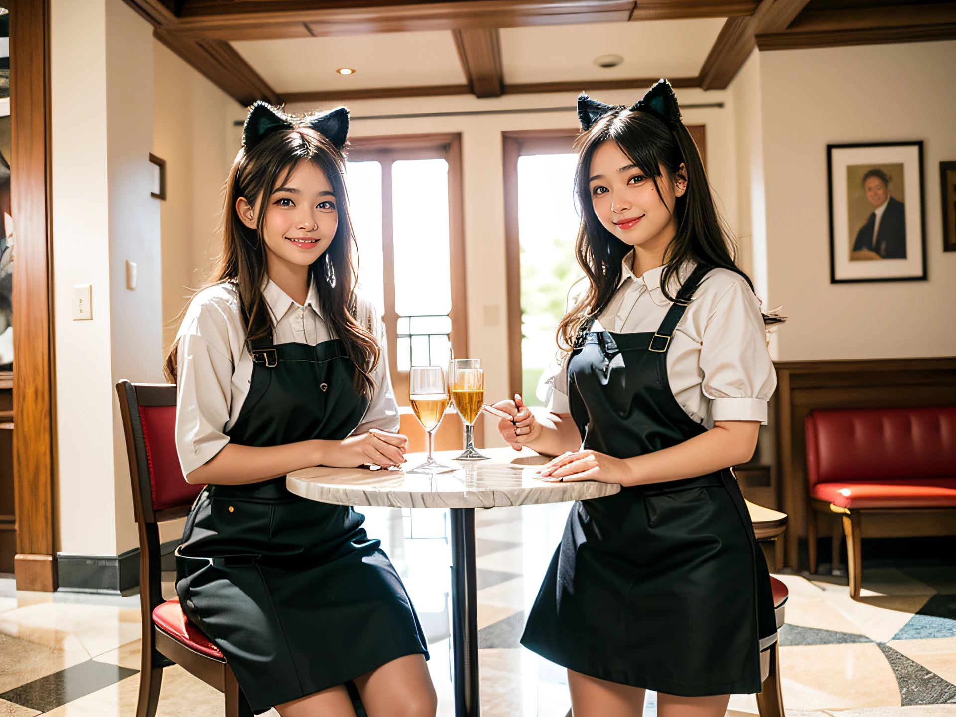 (two waitress girls:1.3),(Smiling:1.2), (cowboys:1.4), shot, (Two waitress girls wearing fluffy cat costumes、They are standing by a glass table in a marble-floored cafe and having a pleasant conversation..:1.2) . The walls are covered with white and black geometric wallpaper. There is a bay window that lets in sunlight.., creating a cozy atmosphere. Inside the  shop, We have chairs and leather bench sofas for customers to sit on... at centre, There is an open iron staircase leading to another floor. at the cafe、There is also a small courtyard with a wood stove for warmth.。. The overall scene is of high quality, Super detailed elements and realism, Photorealistic style. The colors are warm and vibrant, Soft lighting highlights the cafe&#39;cosy atmosphere.