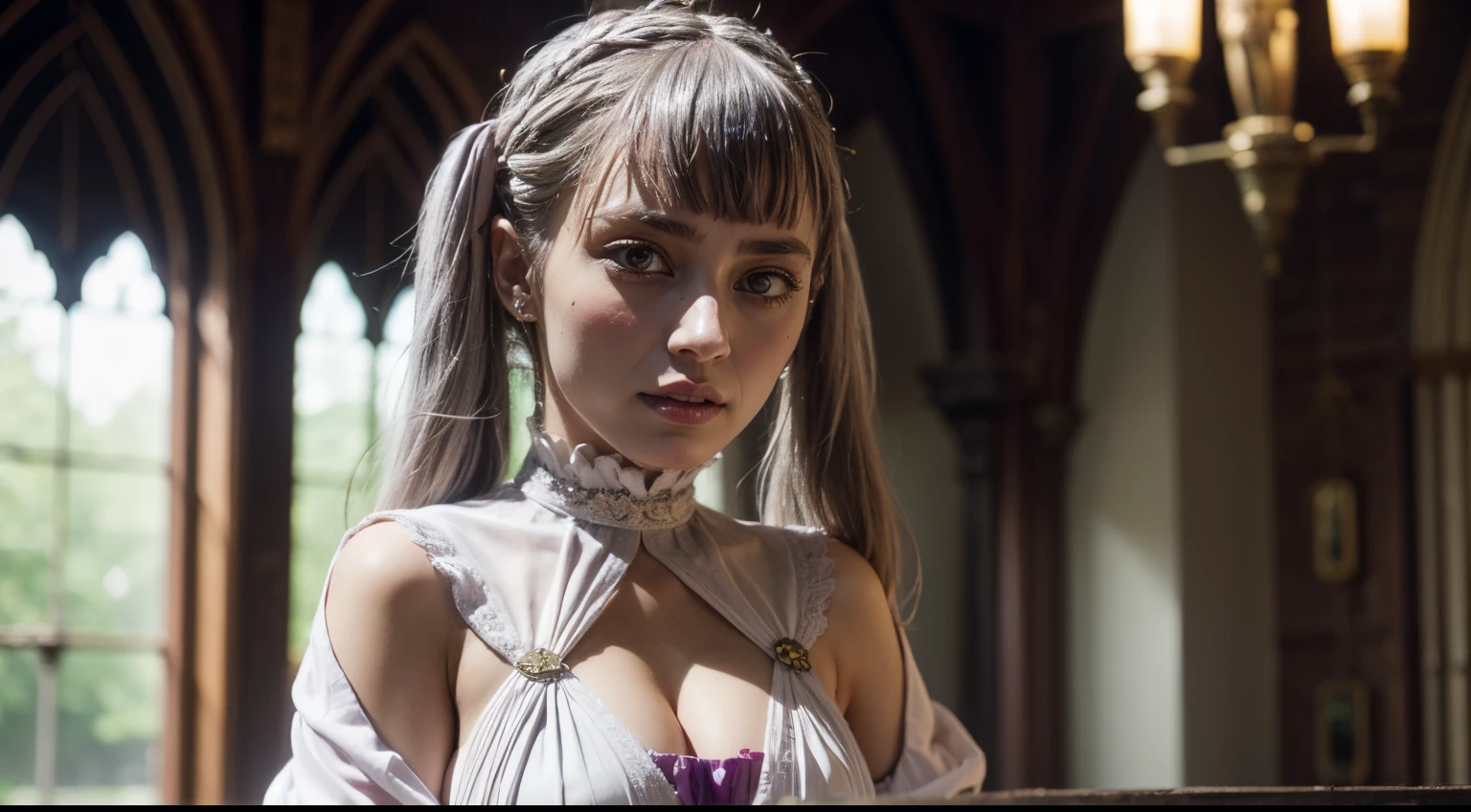1girl, cowboy shot, beautiful noelle_silva,long hair ,twintails, bangs, earring,jewelry, silver hair,purple eyes, mage_dress,white dress, cleavage, capelet,long sleeves, water, medium  ,smile,room,indoors, front light, volumetric lighting, best quality, masterpiece, intricate details, tonemapping, sharp focus, hyper detailed, trending on Artstation, beauty, extremely beautiful face, exquisite face, blushing