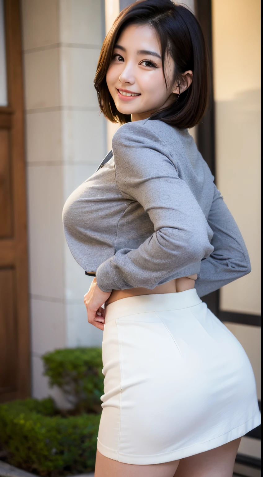 Best-quality, Masterpiece, Ultra-High-Resolution, (Photorealistic:1.4), Raw-Photo, Extremely-Details, Perfect-Anatomy, 1girl, the most popular Japanese actress, dynamic pose, (upturned butt wearing tight-skirt, wearing white blouse and light gray jacket and tight skirt), looking at viewer, beautiful smile, detailed extremely beautiful hip, ((extremely beautiful face like a most famous Japanese actress, extremely beautiful big black solid circle eyes)), (extremely beautiful black short-cut-haired), extremely beautiful lips, extremely beautiful white skins, extremely beautiful breasts, extremely beautiful thighs, extremely beautiful body, detailed white blouse, detailed tight-skirt, detailed light gray jacket