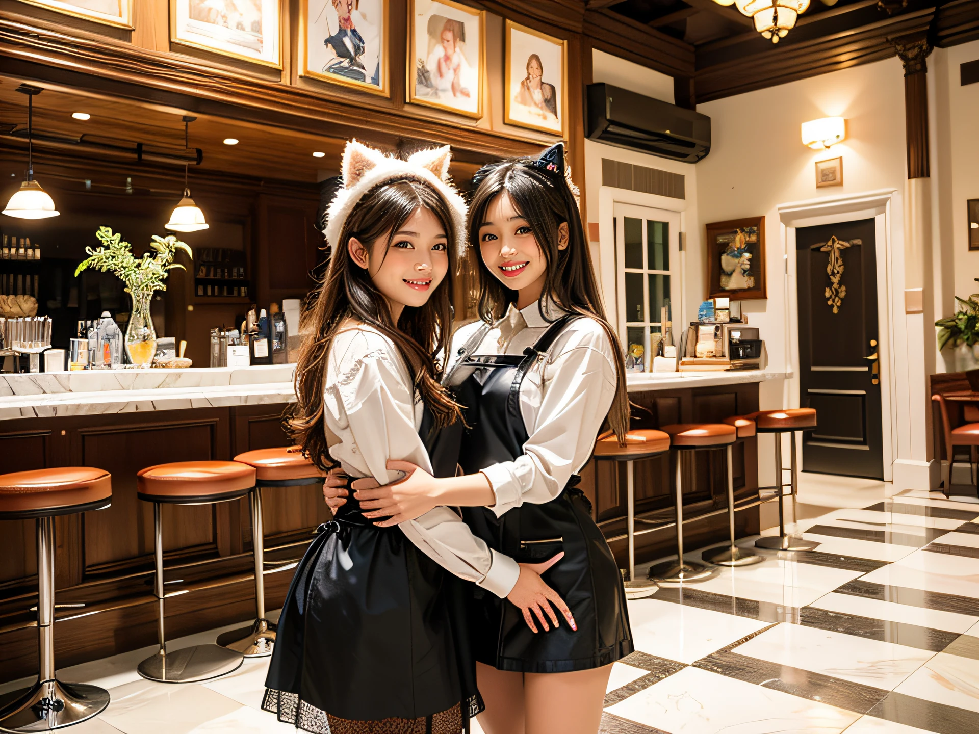 (two waitress girls:1.3),(Smiling:1.2), (cowboys:1.4), shot, (Two waitress girls wearing fluffy cat costumes、They are standing by a glass table in a marble-floored cafe and having a pleasant conversation..:1.2) . The walls are covered with white and black geometric wallpaper. There is a bay window that lets in sunlight.., creating a cozy atmosphere. Inside the  shop, We have chairs and leather bench sofas for customers to sit on... at centre, There is an open iron staircase leading to another floor. at the cafe、There is also a small courtyard with a wood stove for warmth.。. The overall scene is of high quality, Super detailed elements and realism, Photorealistic style. The colors are warm and vibrant, Soft lighting highlights the cafe&#39;cosy atmosphere.