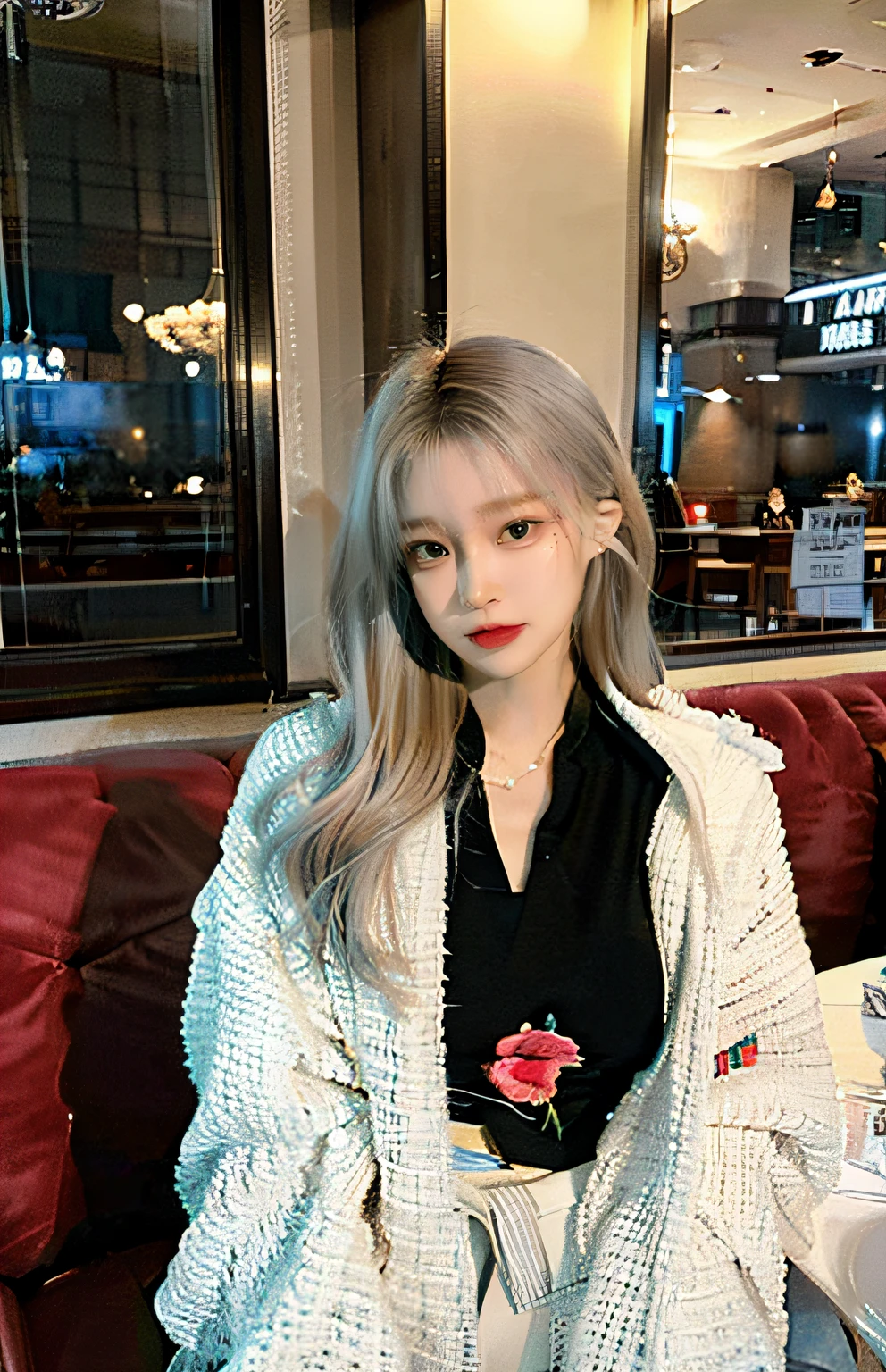 1 busty girl，Beautiful Korean girl，vibrant with colors,Mint green hair,Beautiful and delicate pink eyes,long eyelasher,pale-skinned,Soft and delicate facial features,Ethereal atmosphere,dreamy background,Sweet,Light mint aroma,Breeze whispered,peace、calm atmosphere,Calm expression on face，Full body photo, (real photograph: 1.4), (hyper realisitc: 1.4), (realist: 1.3), (Smoother lighting: 1.05), (Improve movie lighting quality: 0.9), 32K,1 20-year-old girl, Luzes Realistas, The light from the rear window is backlit, There is light on the face, Ray traching, (flash lights: 1.2), (enchanced quality: 1.4), (The best quality real textured skin: 1.4), 詳細な目, A detailed face, hight quality eyes, (Tired, Sleepy but informative.: 0.0), closeup of face, tee shirt, (Increased Body Line Mood:1.1), (Increase the beauty of skin texture:1.1)She is beautiful，Wear a stylish jacket，Show gentleness and elegance。Exude unique personality charm。 This photo was taken according to the best quality standards，Use RAW format photos，Present every detail vividly。Masterpiece post-processing，Make the picture more vivid and real。Realistic effects with complex lighting and high-resolution details，every facial line、Accurately render skin textures and expressions。 The whole picture is depth of field，Make the distance between the character and the background more obvious。There are intricate details in the picture，that girl&#39;s smile slightly&#39;Open lips，Delicate eyes and facial features，Every detail is meticulously drawn。Perfect lighting effects highlight the beauty and charm of girls，make it more dazzling。 The background of the picture is a cafe. The overall tone is mainly warm colors.，Add a peaceful and soft atmosphere to the picture。 anyway，The lighting effects throughout the image are excellent，Through careful scene layout and lighting settings，Make the whole picture present a real and unique visual effect。The protagonist of this painting is a Chinese actress，Show their beauty and elegance，Full body photo, (real photograph: 1.4), (hyper realisitc: 1.4), (realist: 1.3), (Smoother lighting: 1.05), (Improve movie lighting quality: 0.9), 32K,1 20-year-old girl, Luzes Realistas, The light from the rear window is backlit, There is light on the face, Ray traching, (flash lights: 1.2), (enchanced quality: 1.4), (The best quality real textured skin: 1.4), 詳細な目, A detailed face, hight quality eyes, (Tired, Sleepy but informative.: 0.0), closeup of face, tee shirt, (Increased Body Line Mood:1.1), (Increase the beauty of skin texture:1.1)，