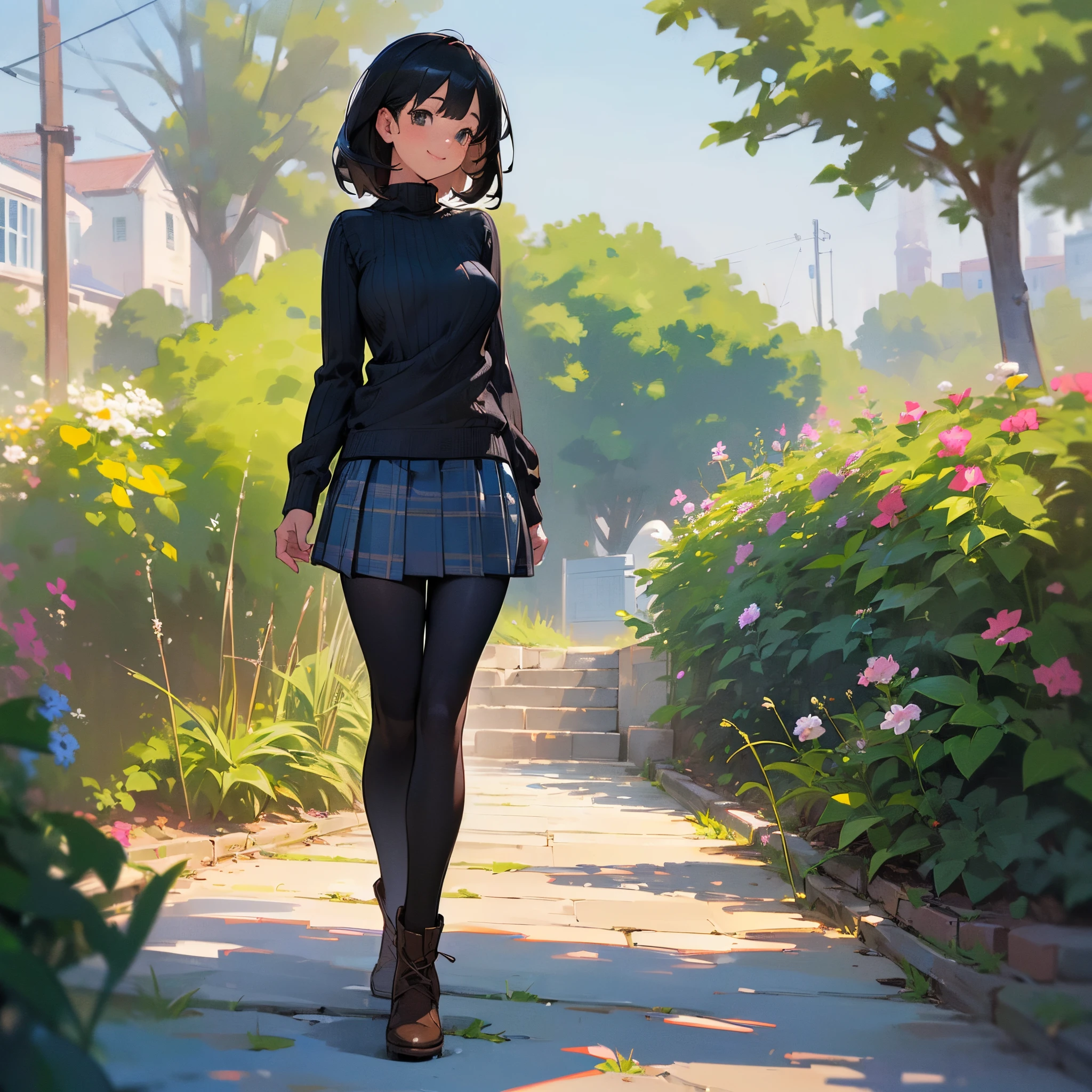 (High quality, High resolution, Ultra-detailed, Realistic:1.37), peaceful ambiance, (plein air, garden), age girl standing alone, (My breasts are big.), Beautiful detailed features, Cute smile, (Black bob hair), Ribbed sweater, blue plaid skirt, Black tights, Brown boots.