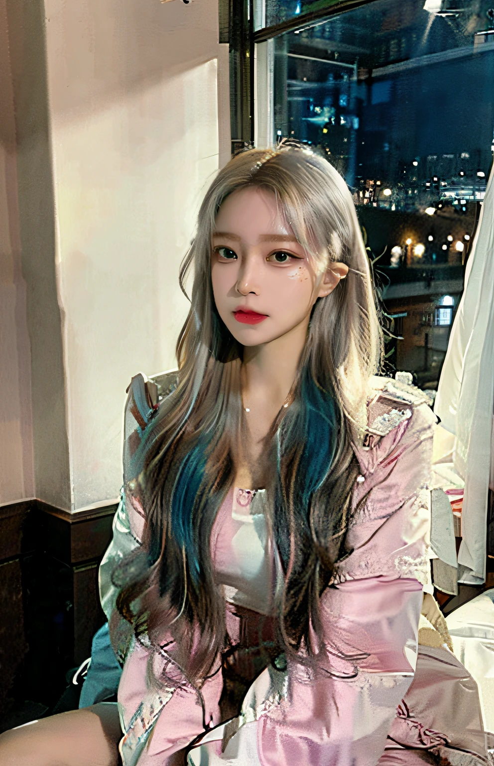1 busty girl,Beautiful Korean girl,vibrant with colors,Mint green hair,Beautiful and delicate pink eyes,long eyelasher,pale-skinned,Soft and delicate facial features,Ethereal atmosphere,dreamy background,Sweet,Light mint aroma,Breeze whispered,peace、calm atmosphere,Calm expression on face,Full body photo, (real photograph: 1.4), (hyper realisitc: 1.4), (realist: 1.3), (Smoother lighting: 1.05), (Improve movie lighting quality: 0.9), 32K,1 20-year-old girl, Luzes Realistas, The light from the rear window is backlit, There is light on the face, Ray traching, (flash lights: 1.2), (enchanced quality: 1.4), (The best quality real textured skin: 1.4), 詳細な目, A detailed face, hight quality eyes, (Tired, Sleepy but informative.: 0.0), closeup of face, tee shirt, (Increased Body Line Mood:1.1), (Increase the beauty of skin texture:1.1)She is beautiful,Wear a stylish jacket,Show gentleness and elegance。Exude unique personality charm。 This photo was taken according to the best quality standards,Use RAW format photos,Present every detail vividly。Masterpiece post-processing,Make the picture more vivid and real。Realistic effects with complex lighting and high-resolution details,every facial line、Accurately render skin textures and expressions。 The whole picture is depth of field,Make the distance between the character and the background more obvious。There are intricate details in the picture,that girl's smile slightly'Open lips,Delicate eyes and facial features,Every detail is meticulously drawn。Perfect lighting effects highlight the beauty and charm of girls,make it more dazzling。 The background of the picture is a cafe. The overall tone is mainly warm colors.,Add a peaceful and soft atmosphere to the picture。 anyway,The lighting effects throughout the image are excellent,Through careful scene layout and lighting settings,Make the whole picture present a real and unique visual effect。The protagonist of this painting is a Chinese actress,Show their beauty and elegance,Full body photo, (real photograph: 1.4), (hyper realisitc: 1.4), (realist: 1.3), (Smoother lighting: 1.05), (Improve movie lighting quality: 0.9), 32K,1 20-year-old girl, Luzes Realistas, The light from the rear window is backlit, There is light on the face, Ray traching, (flash lights: 1.2), (enchanced quality: 1.4), (The best quality real textured skin: 1.4), 詳細な目, A detailed face, hight quality eyes, (Tired, Sleepy but informative.: 0.0), closeup of face, tee shirt, (Increased Body Line Mood:1.1), (Increase the beauty of skin texture:1.1),