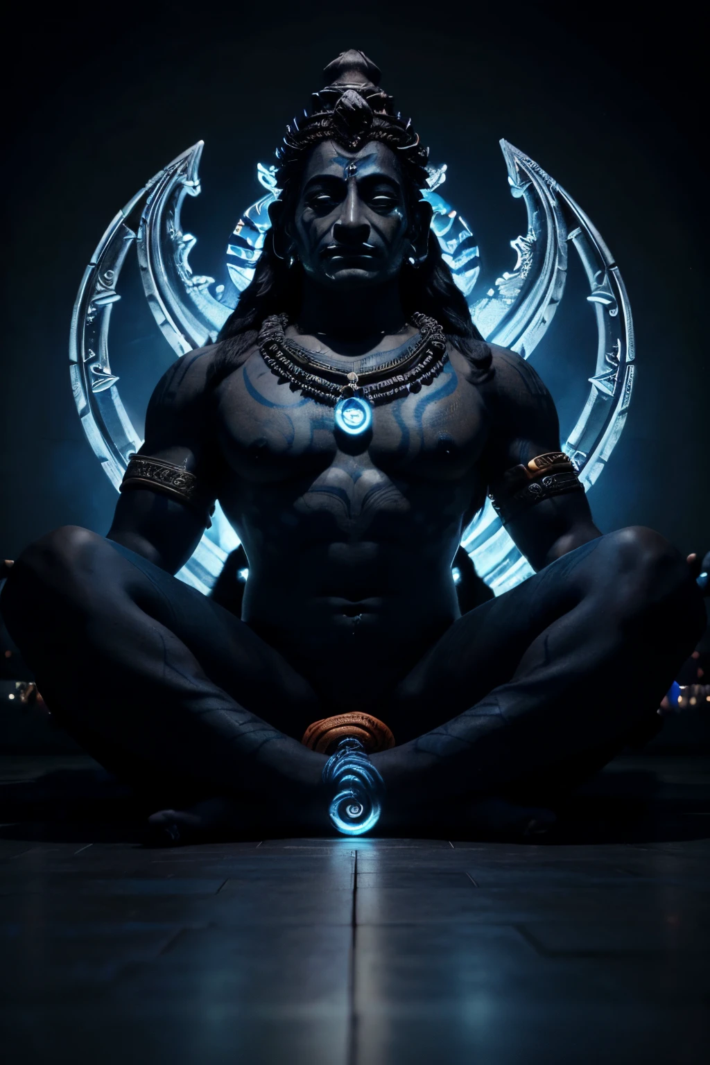 (((Hindu god))) best quality, ultra-high resolution, CG detalhado 4K, master part, Shiva,snake on the neck, azul, INDIAN,tridente, Four arms, mitologia hindu, ((pele de tigre sentado) ) Hindu, aesthetic, Beautiful image, centralizado na tela