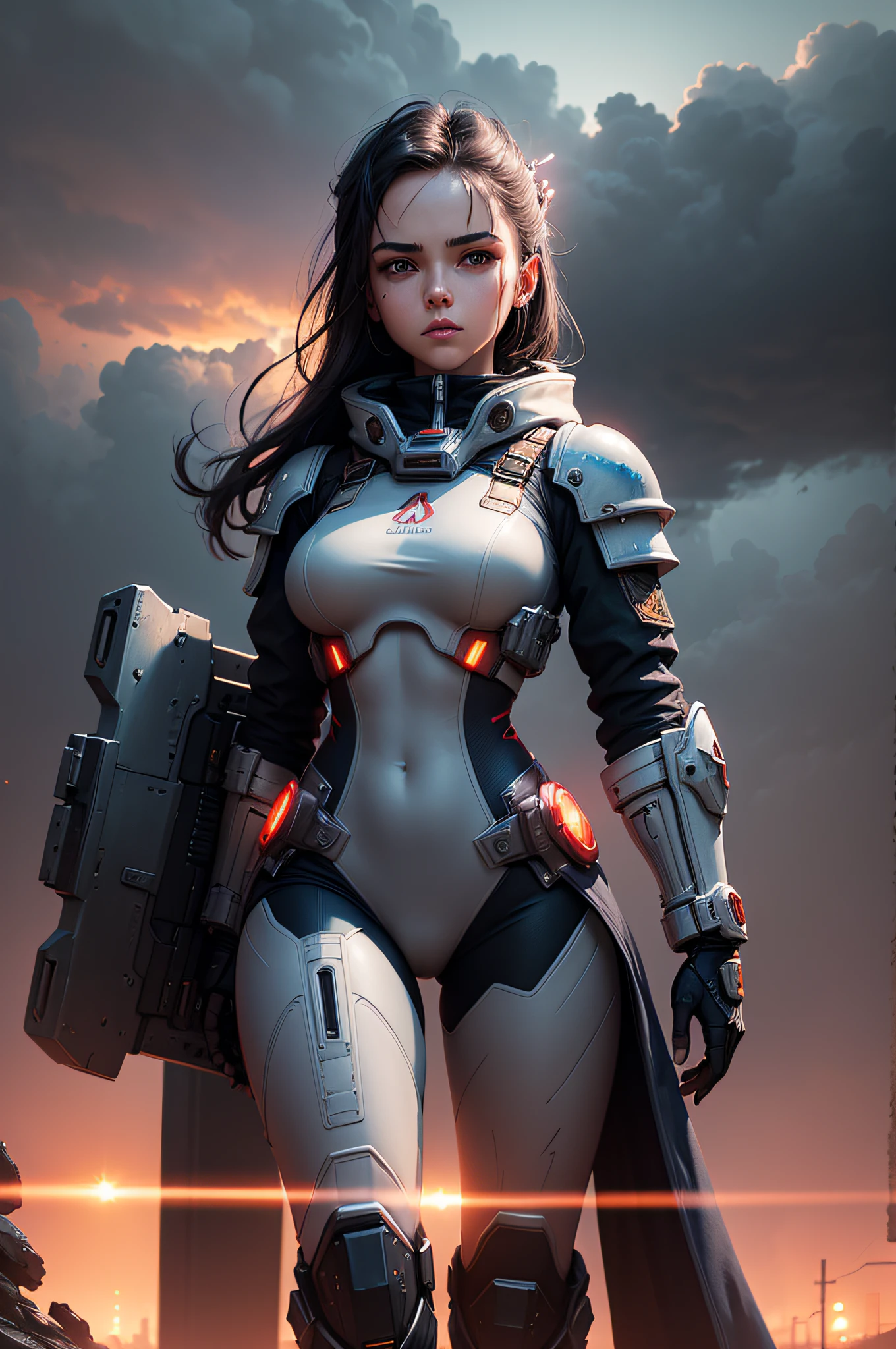 40k sister of battle by cedric peyravernay, shes's sweet but a psyco, mad cosmic battle angel wish visor down, tight battle suit with a shield, pleasing palette, mystical spirit inspired, full body details, rolling smoke clouds matte painting from space, pastel, 1986, hyper-detailed, intricate, undulating alena aenami sky and storm clouds, dusk glow, shadow and grey-colored sunset. Adorable, idyllic,clean lines,mandy jurgens,mono chrome with red