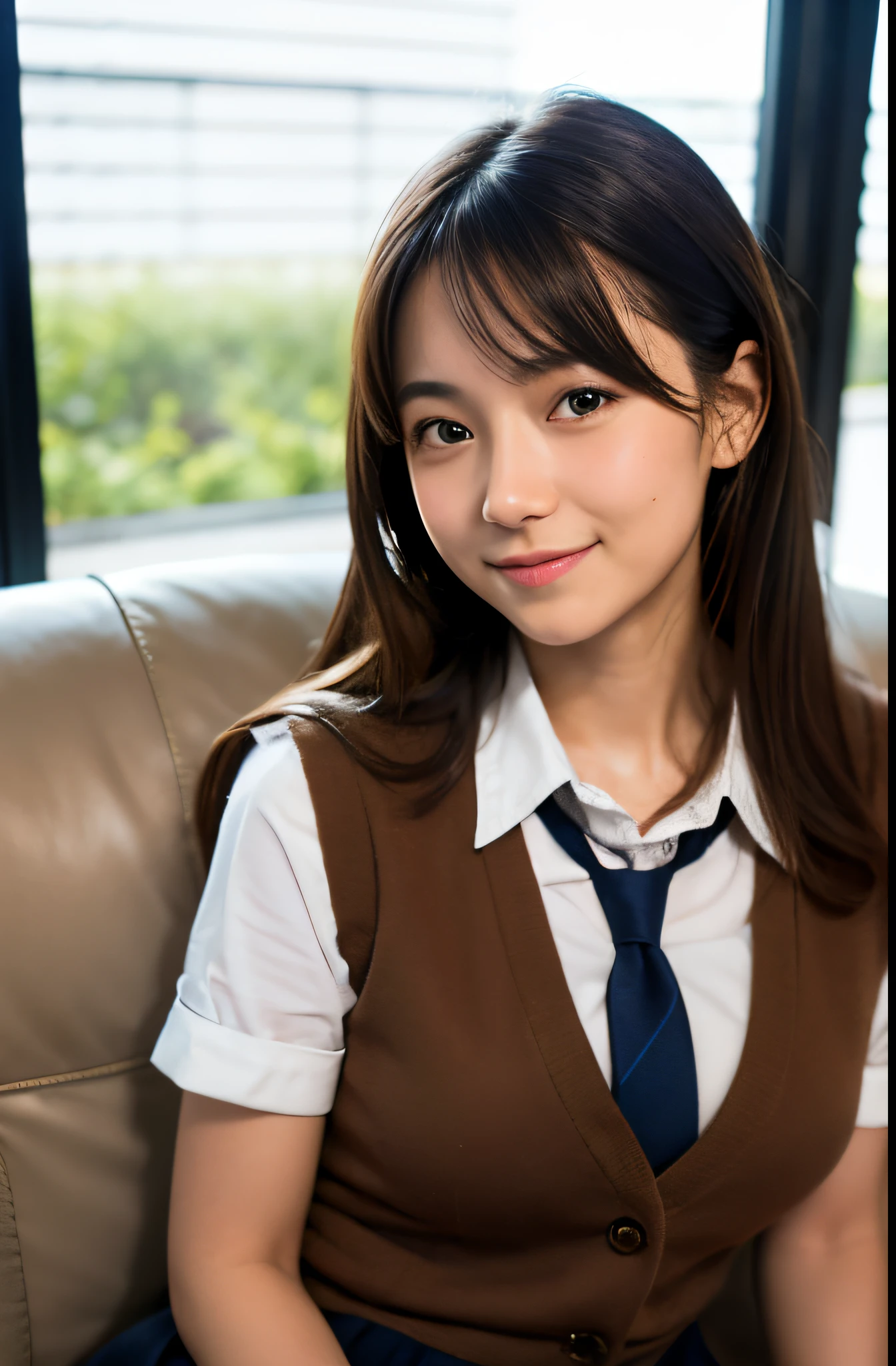 Best Quality, Face Focus, Soft light, 超A high resolution, (Photorealistic:1.4), Raw photo,
1日本人の女の子, Solo, Cute, (Shy smile:0.5), (Brown eyes, Light in the eyes),  Detailed beautiful face, (Small chest),(High-resolution details of human skin texture),
(Long hair),
sit on sofa,
School uniform, vests, Skirt