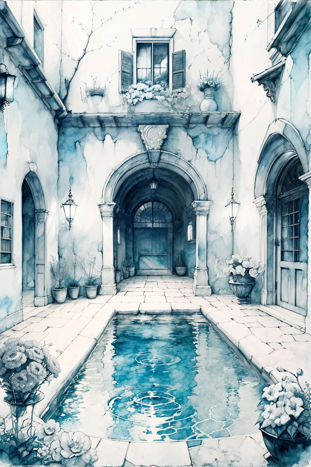 monochrome,watercolor \(medium\), greyscale, a courtyard with a pool and flowers