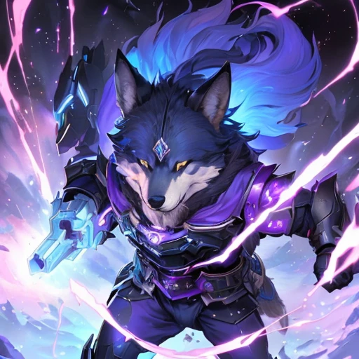 a close up of a wolf with a gun in its hand, husky in shiny armor, dark fox mage, wolf o'donnell, wolf armor, from league of legends, furry fantasy art, official splash art, fenrir, astri lohne, an anthropomorphic wolf, good boy giant mecha wolf hound, style of duelyst