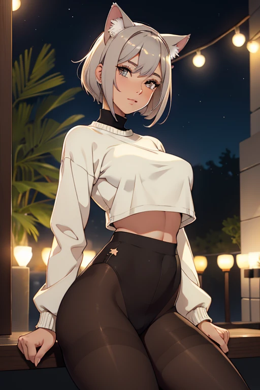 cat ears on the head of a beautiful young woman wearing short hair, usando meias preta longas e sueter branco apertado,corpo inteiro na foto,floresta a noite varias luzes,belas coxas, coxas lindas belhos olhos verdes detalhados., sueter branco apertado,maio apertado , tight pantyhose, mini saia , ceu limpo a noite com estrelas numafloresta a noite,short curto linda jovem, olhos sedutores feminino.