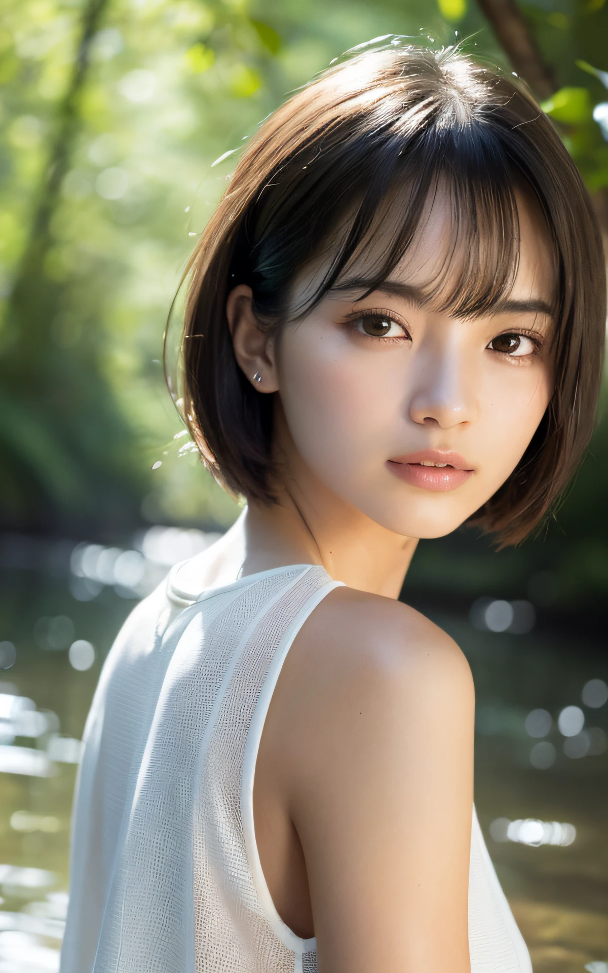 (Photo realistic:1.4), (Surreal:1.4), (Smooth lighting:1.05), 1 girl, (sad:1.4), Open your mouth a little, Pure beauty, 22 years old, Soft lighting, Backlight, (Cheerfulness:1.2), (Top quality real texture skins), I narrowed my eyes., Very beautiful face, Glowing Skin, retina, Anatomically correct, Acura, Super Detail, Textured skin, high quality, Attention to detail, 最high quality, High resolution, short hair, Swimwear、valley